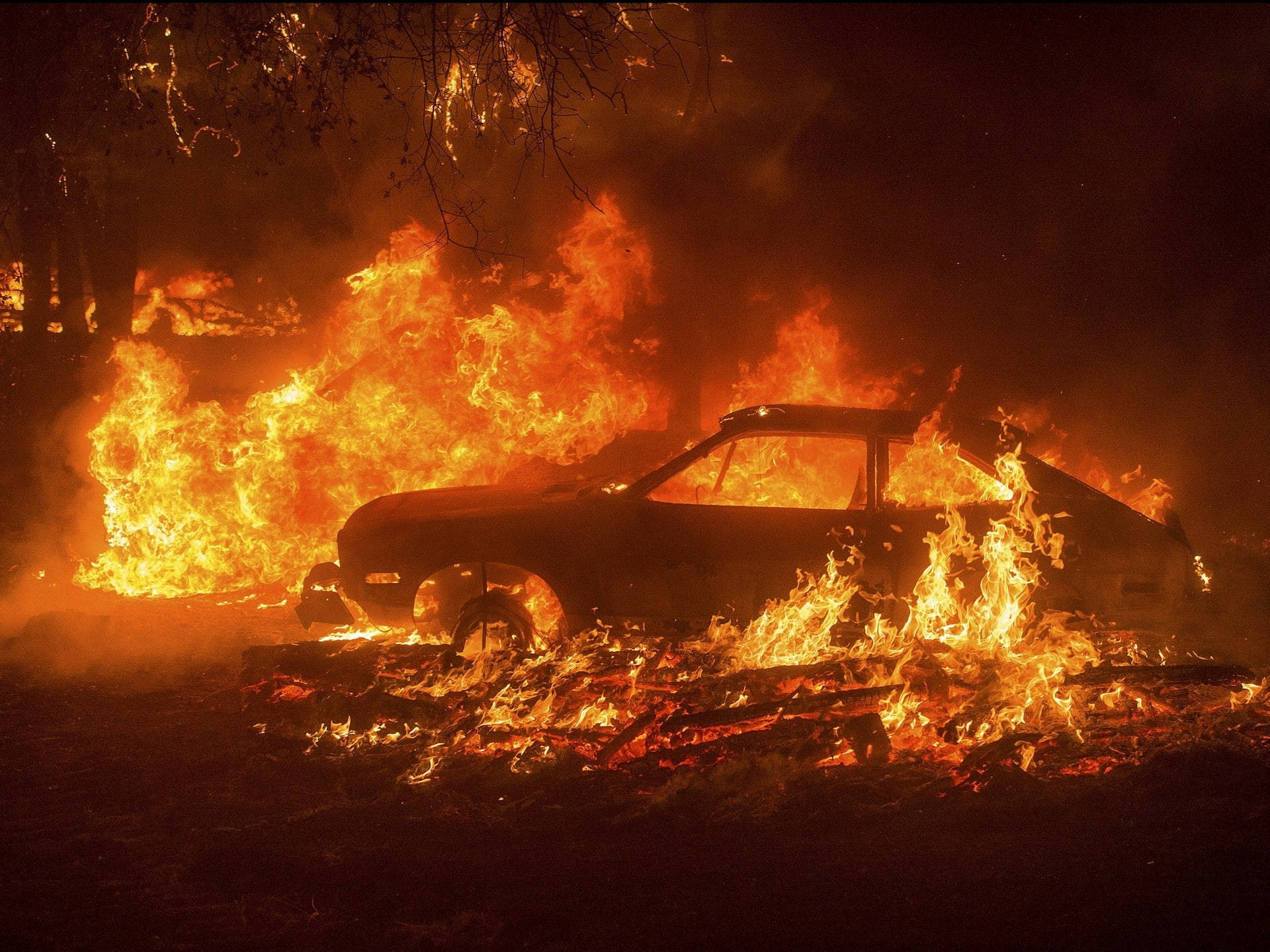 Fire Car, nighttime forest fire, orange flames, Full HD Desktop Wallpaper