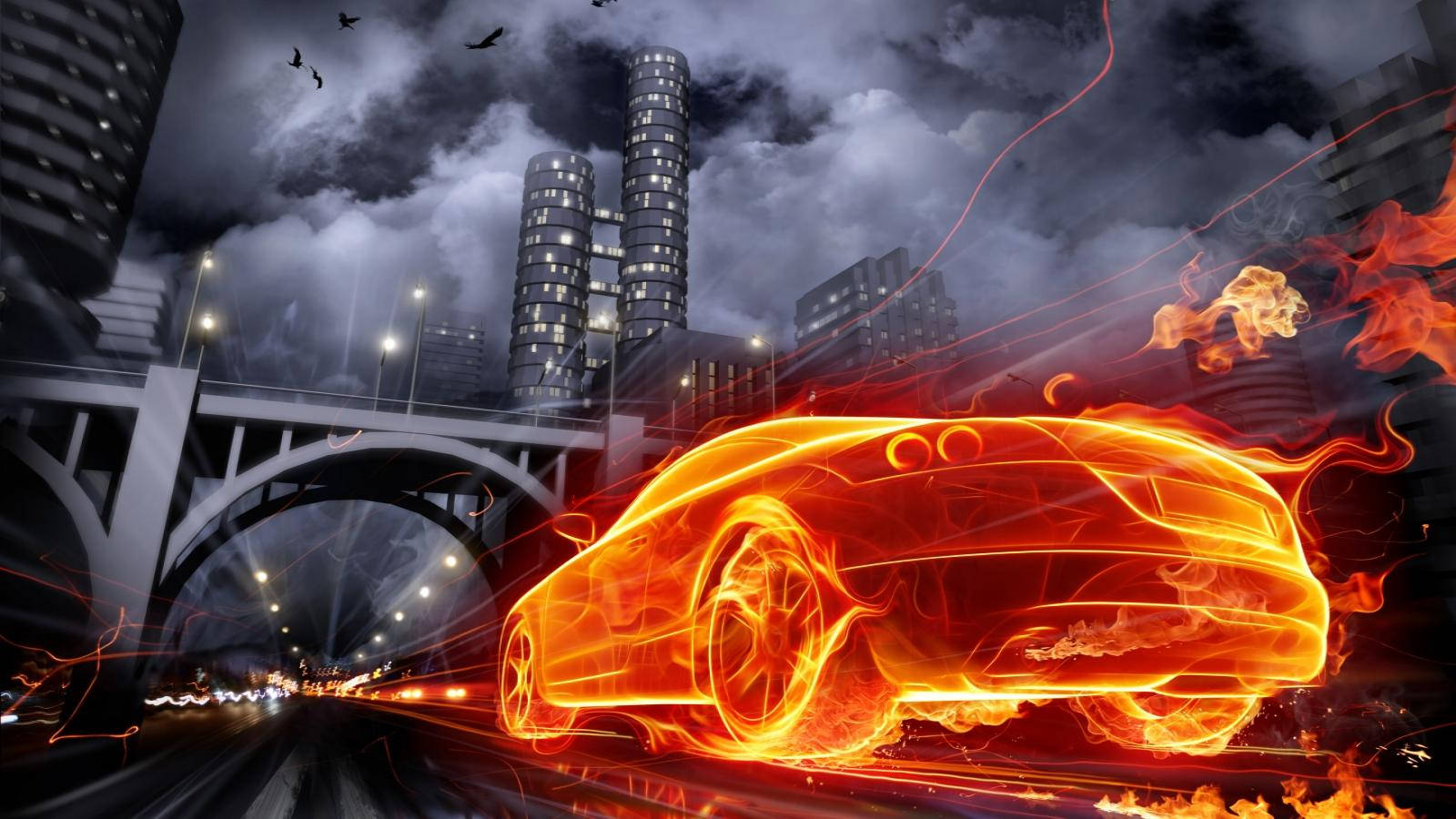 fire car, flaming city, fiery orange sports car, HD Desktop Wallpaper