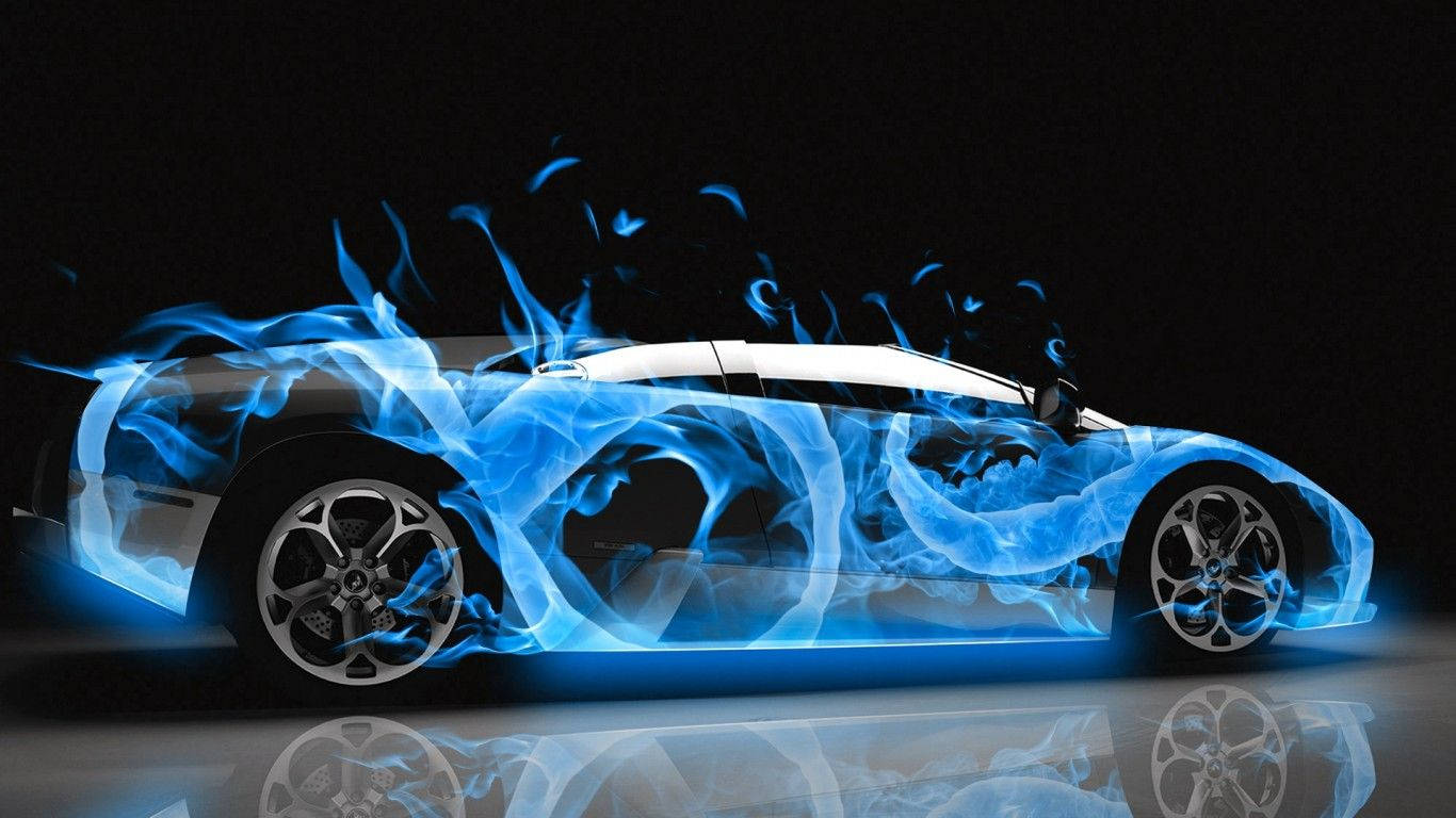 blue fire car, sleek silver sports car, vibrant blue flames, HD Desktop Wallpaper
