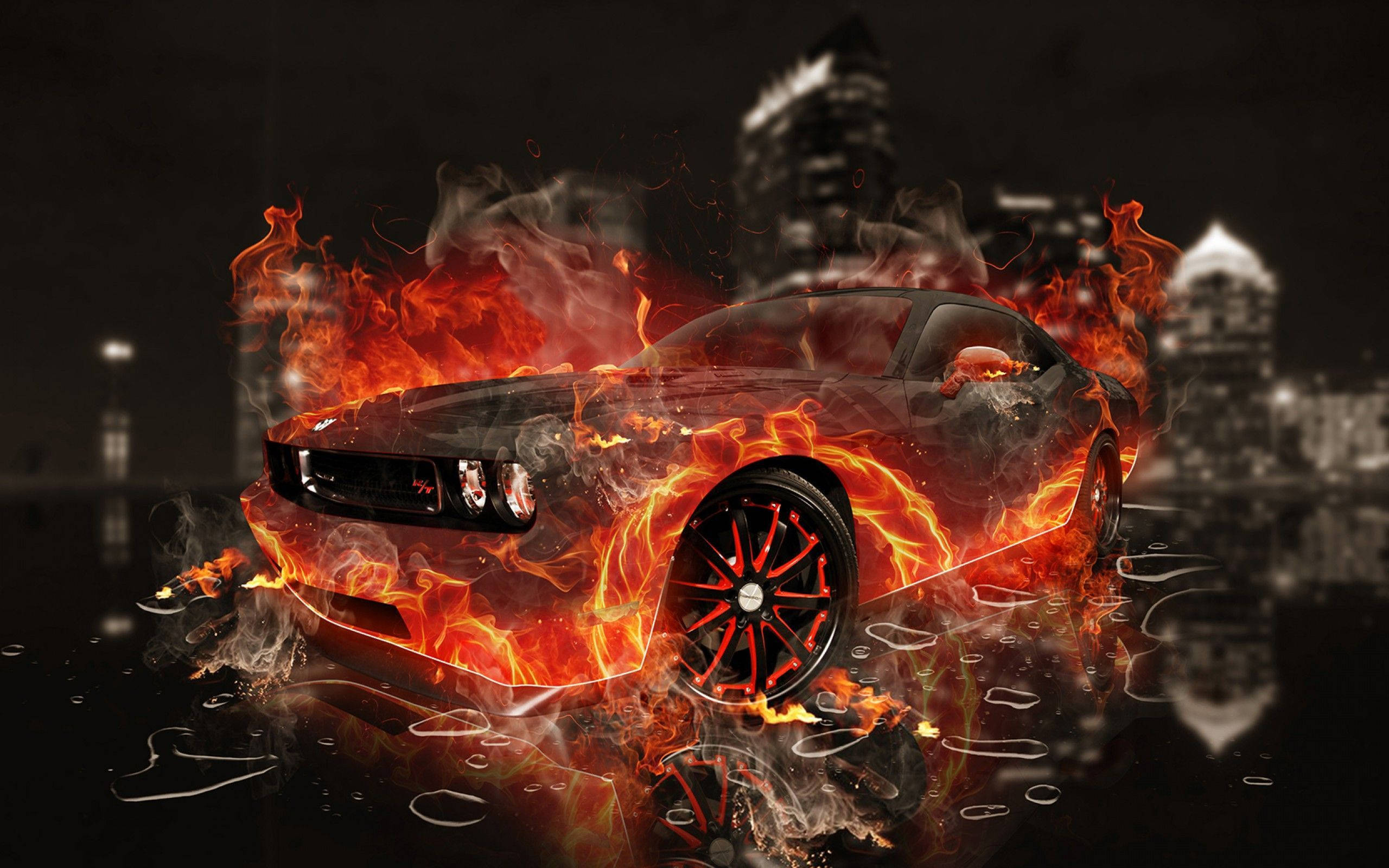 Fire Car, city, night, 2K Desktop Wallpaper