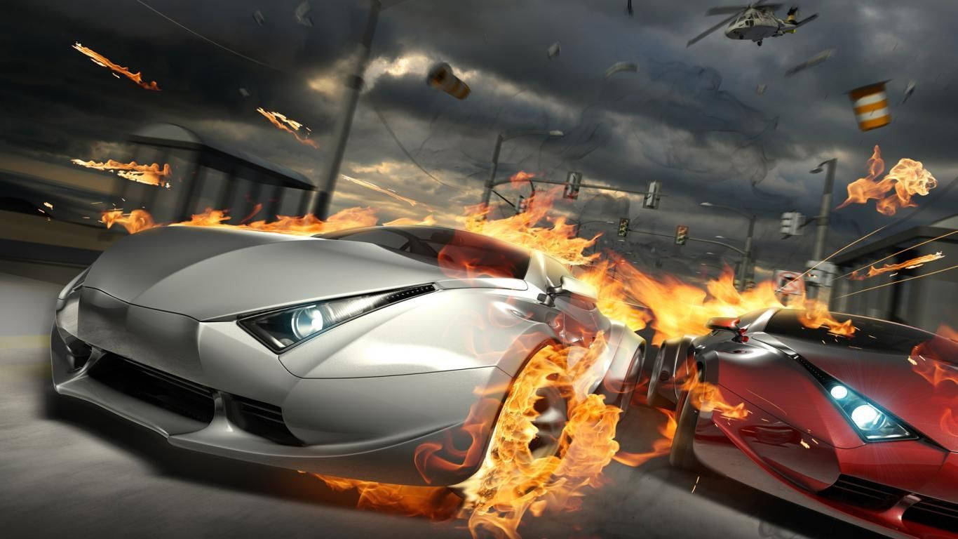 Fire Cars, sports cars, urban street race, HD Desktop Wallpaper