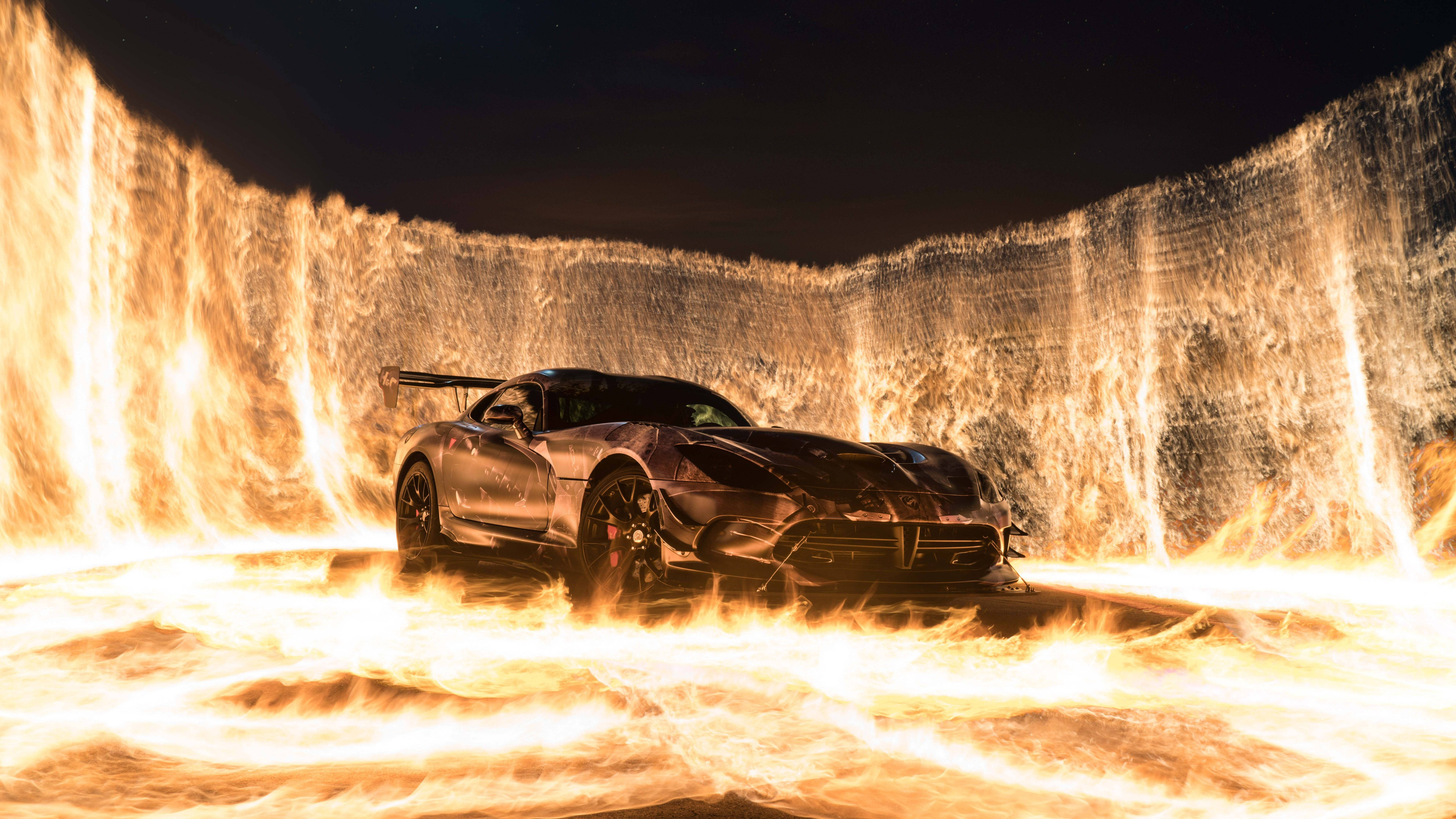 fire car, black sports car, fiery tunnel, 8K Desktop Wallpaper