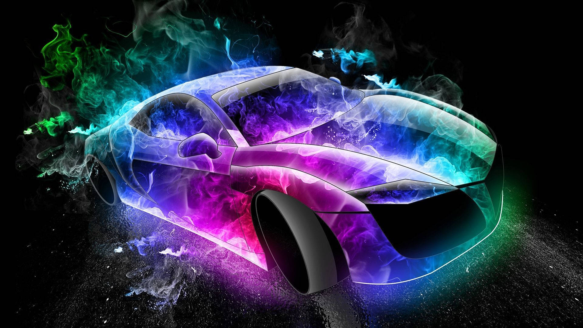 Digital Multicolor Fire Car, neon smoke, electric blues, Full HD Desktop Wallpaper