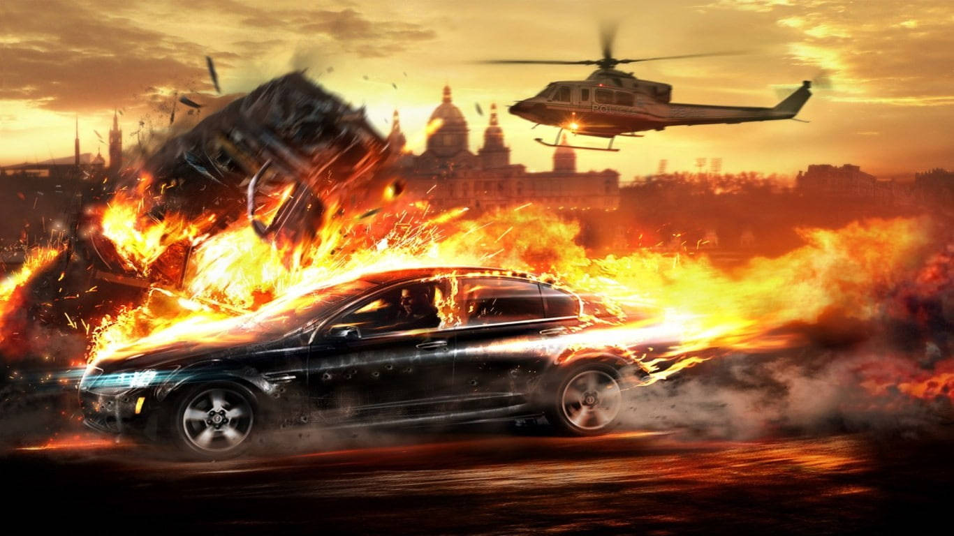 black sports car, helicopter, burning cityscape, HD Desktop Wallpaper