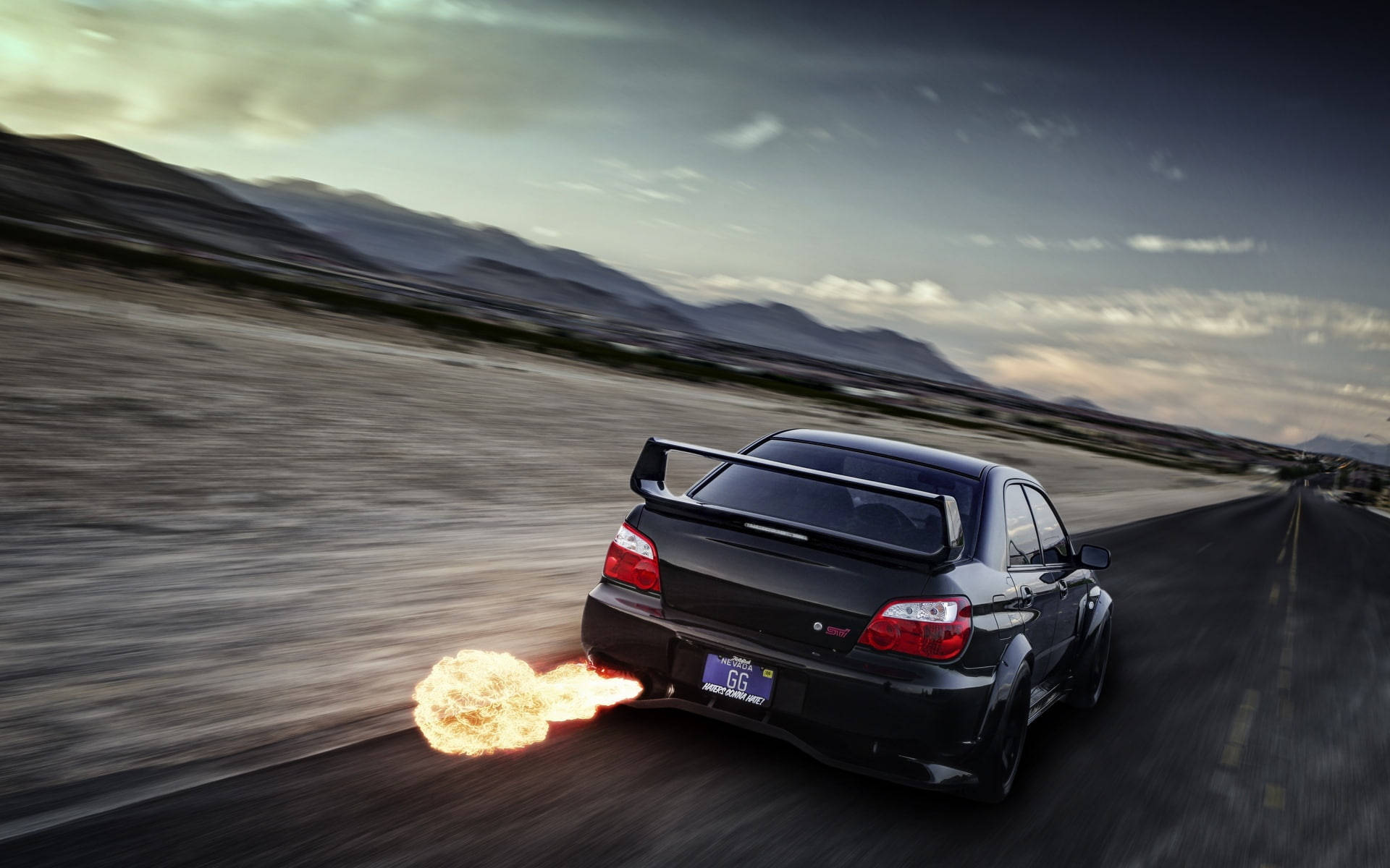 black sports car, rear spoiler, desert highway, Full HD Desktop Wallpaper