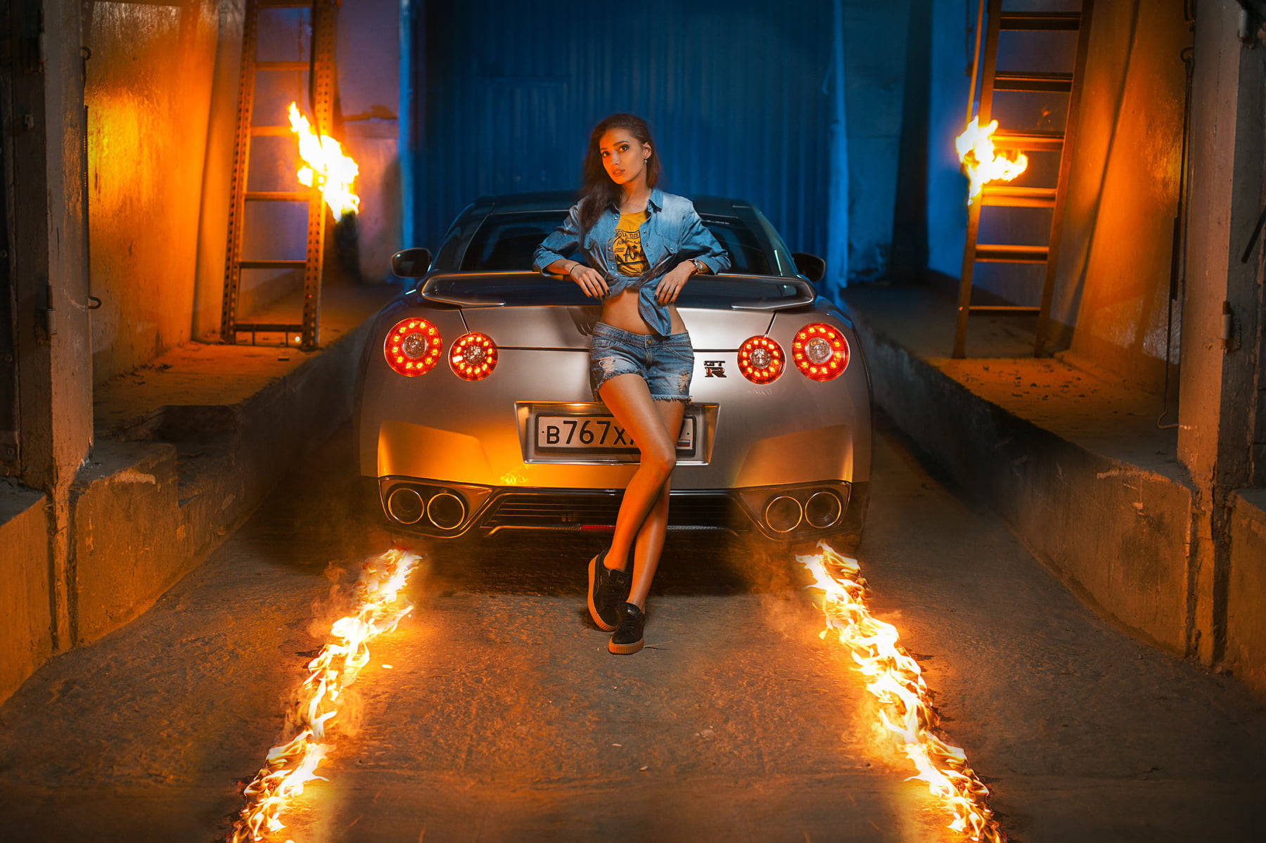 Fire Car, silver sports car, flames erupt from the ground, HD Desktop Wallpaper