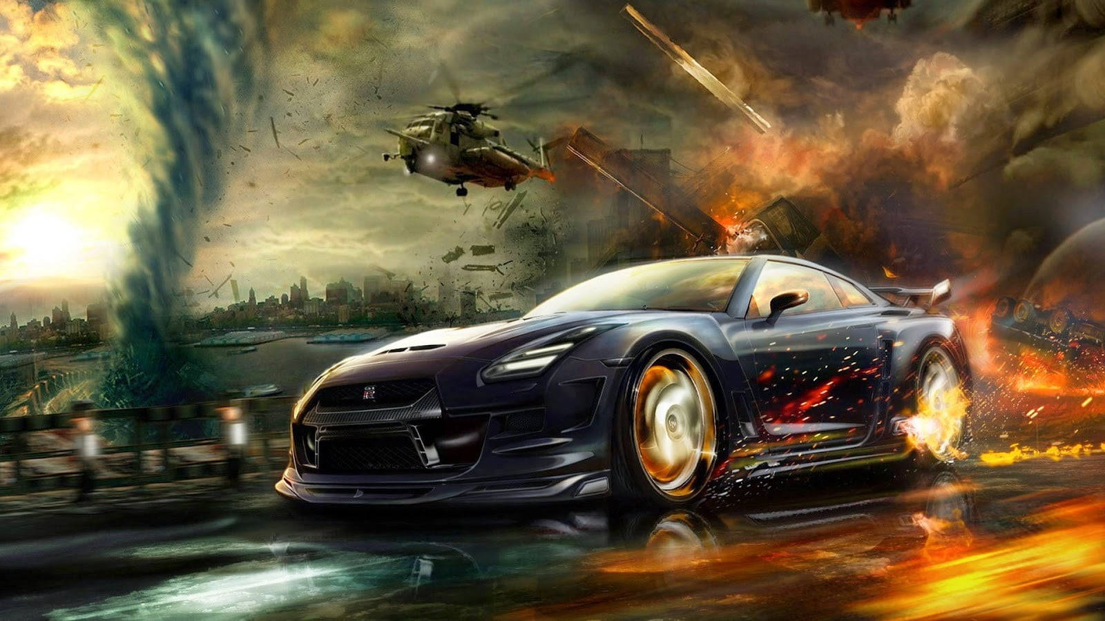 Fire Car, dark sports car, fiery urban chaos, HD Desktop Wallpaper