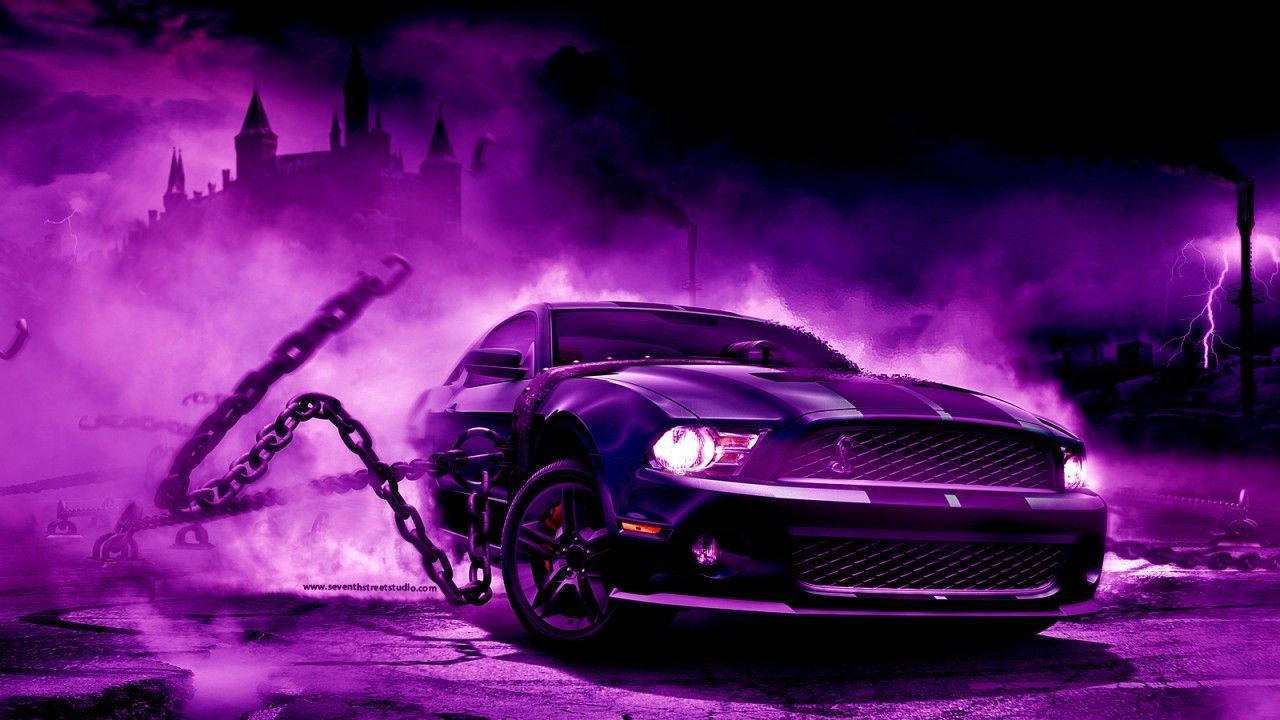 purple fire car, chains, black muscle car, HD Desktop Wallpaper