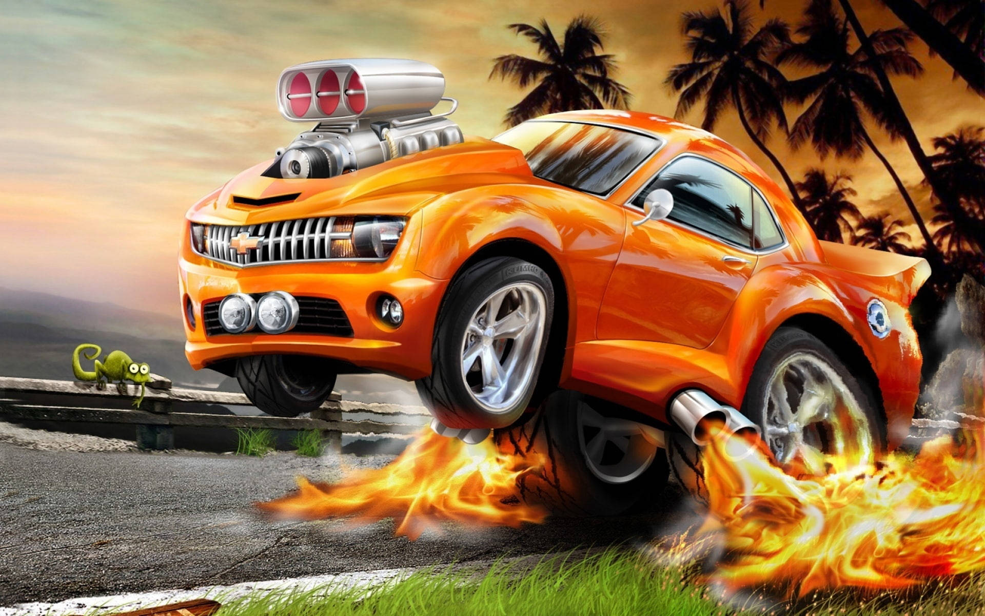 cartoon orange fire car, fiery orange muscle car, supercharged engine, Full HD Desktop Wallpaper
