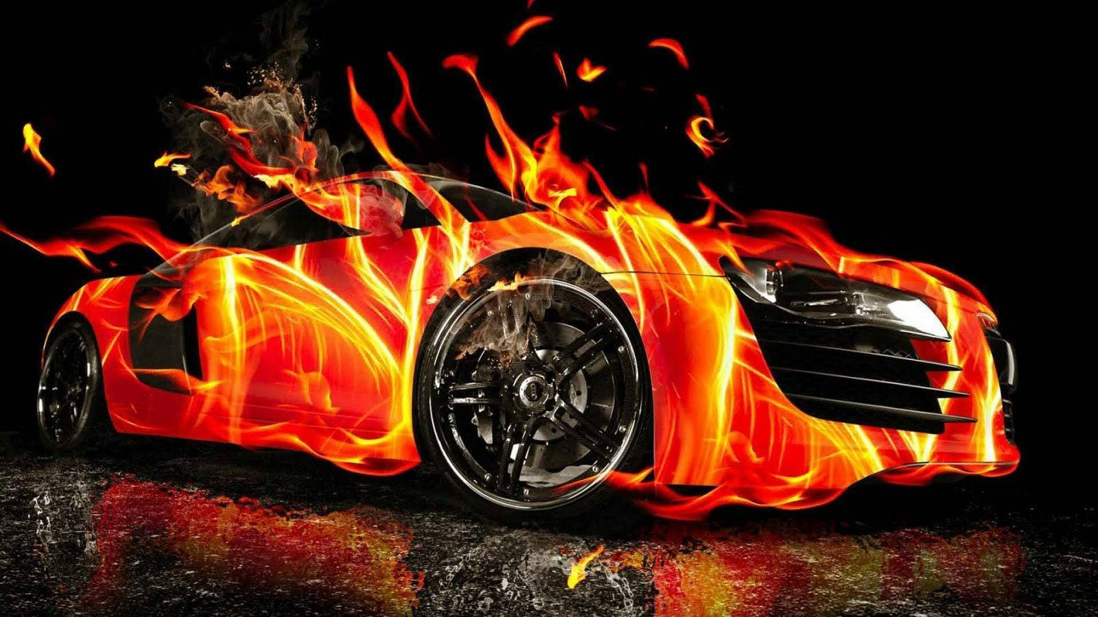 orange fire car, black tires, vibrant orange flames, HD Desktop Wallpaper