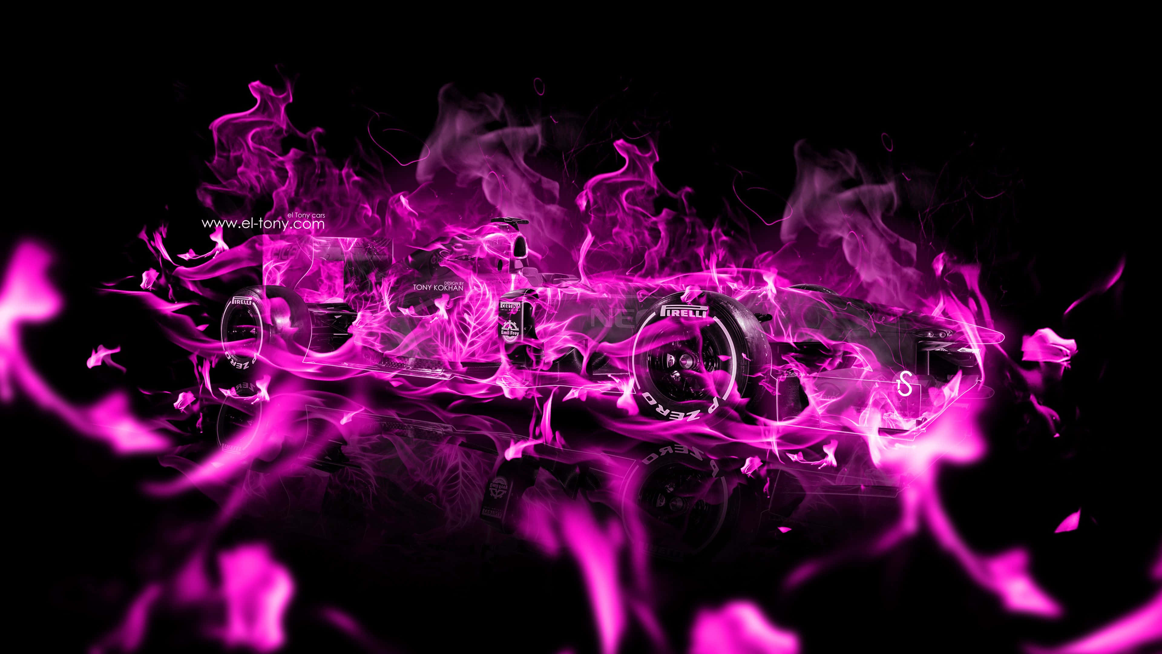 pink flames, sleek race car, vibrant pink electric flames, 4K Desktop Wallpaper