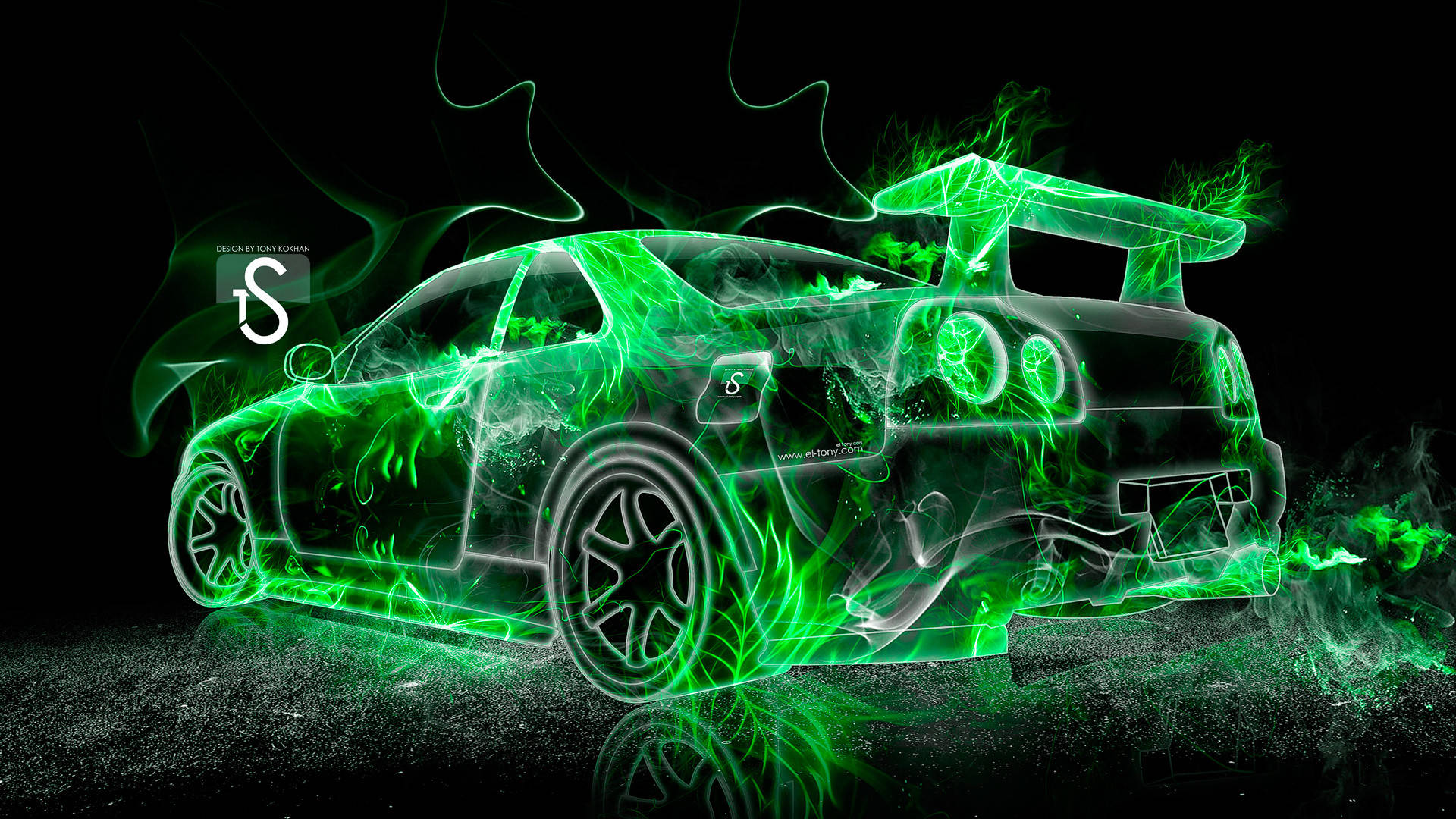 green fire sports car, glowing green, electric energy, Full HD Desktop Wallpaper