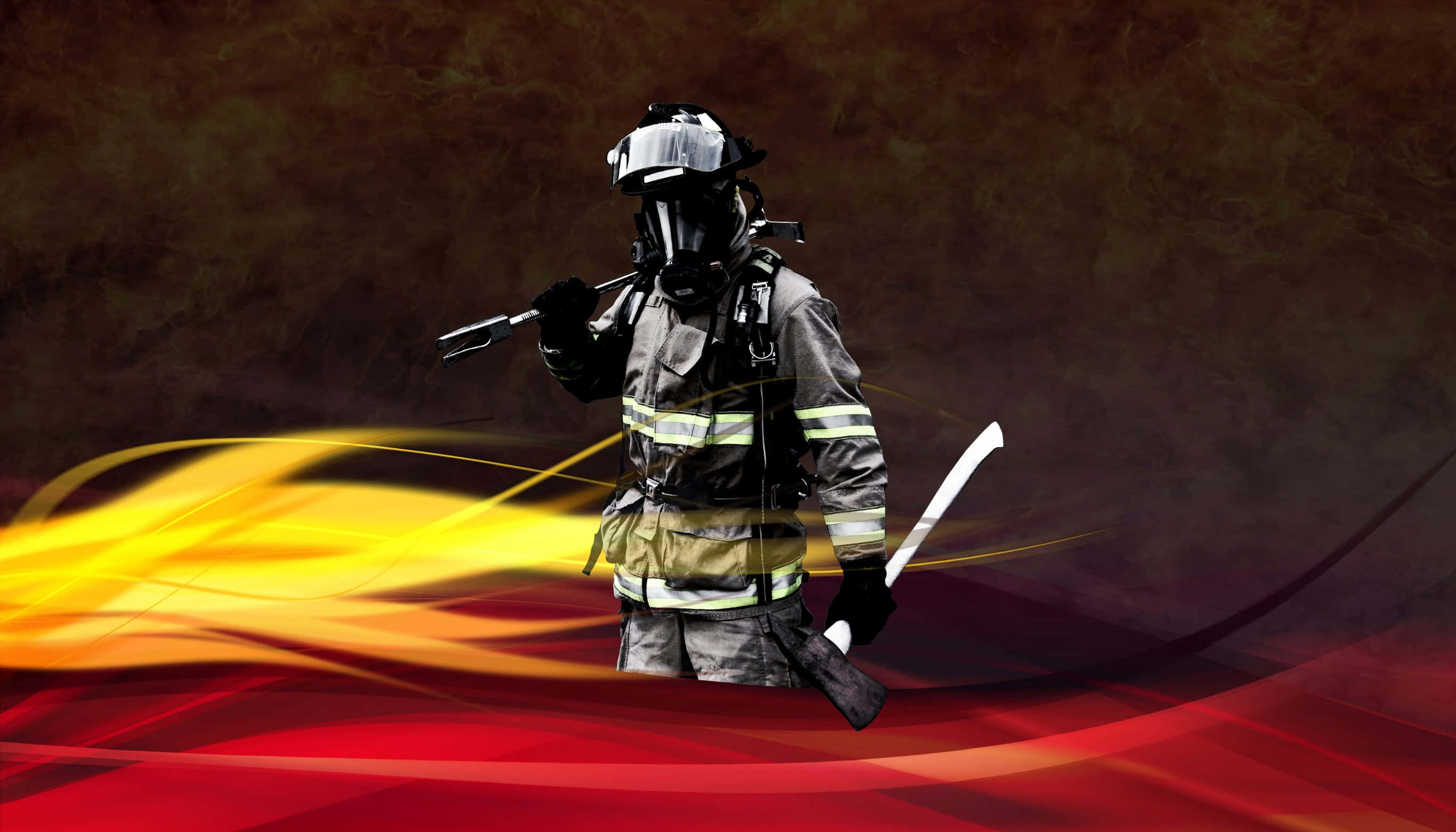 firefighter, full gear, swirling red and yellow flames, 2K Desktop Wallpaper