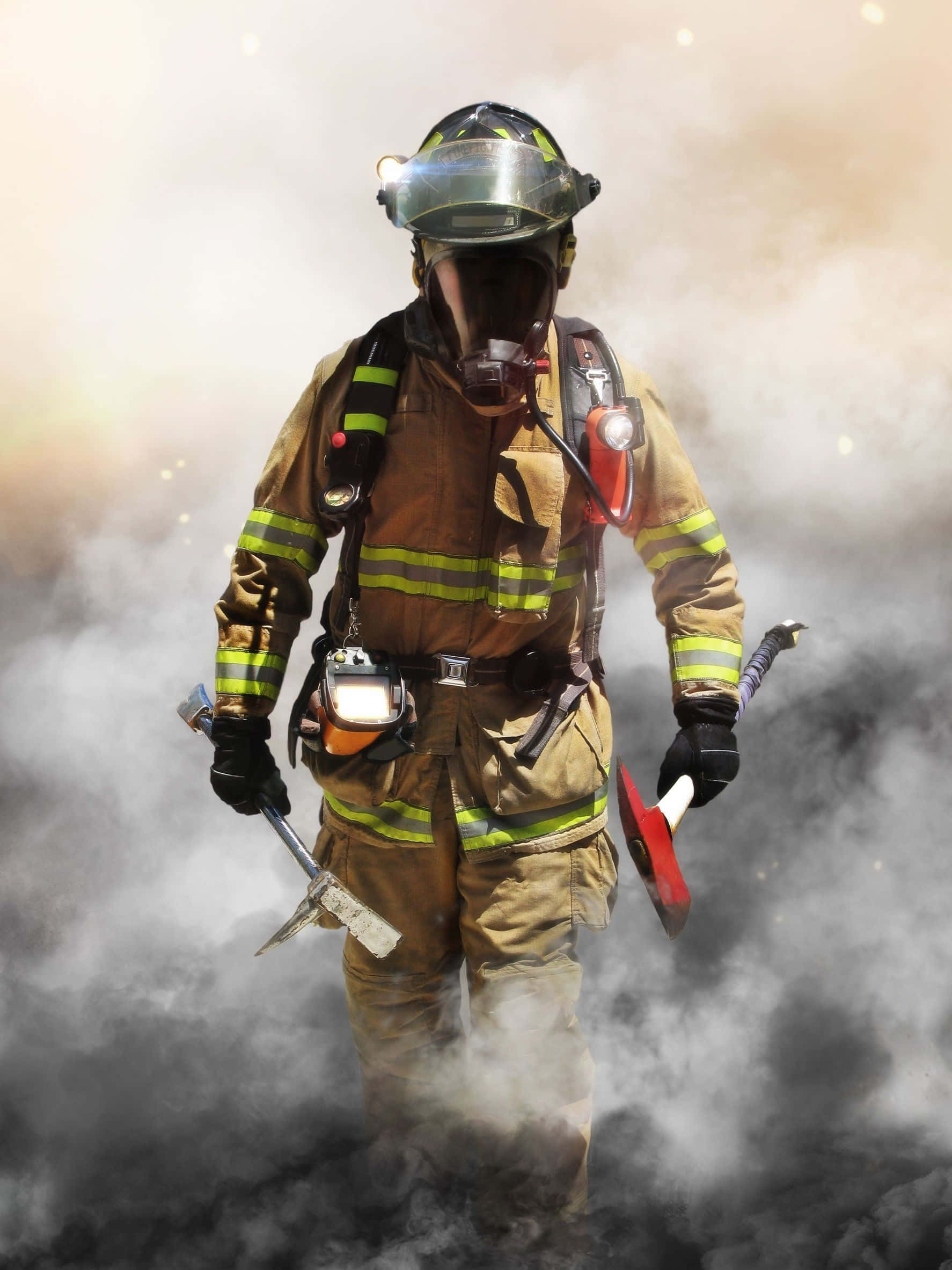 firefighter, full gear, thick smoke, Full HD Phone Wallpaper