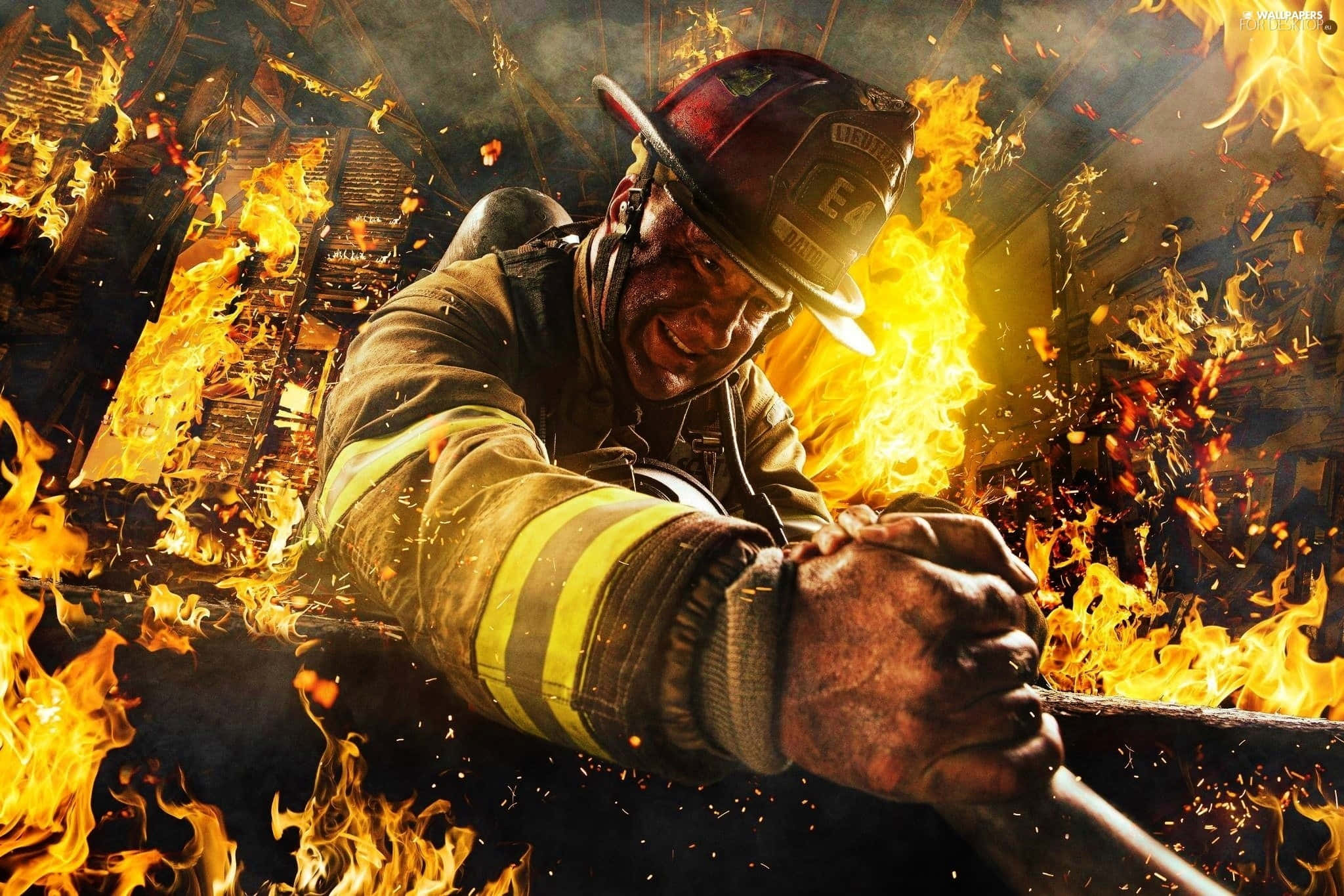 firefighter, fire extinguisher, roaring flames, Full HD Desktop Wallpaper