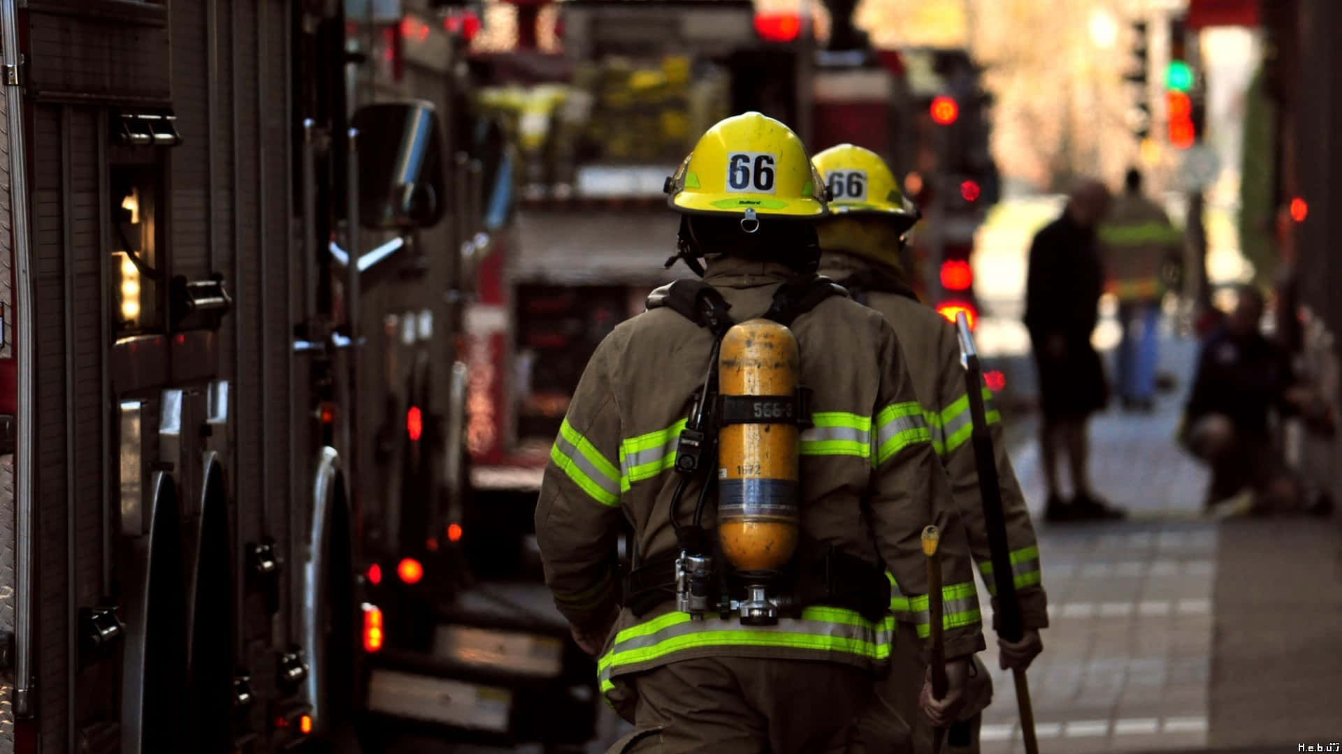 Fire Department, yellow helmets, reflective gear, Full HD Desktop Wallpaper