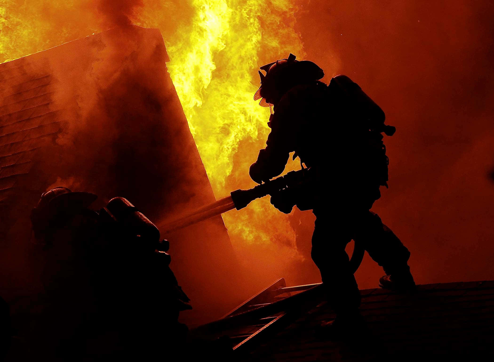 Fire Department, rooftop, roaring blaze, Full HD Desktop Wallpaper