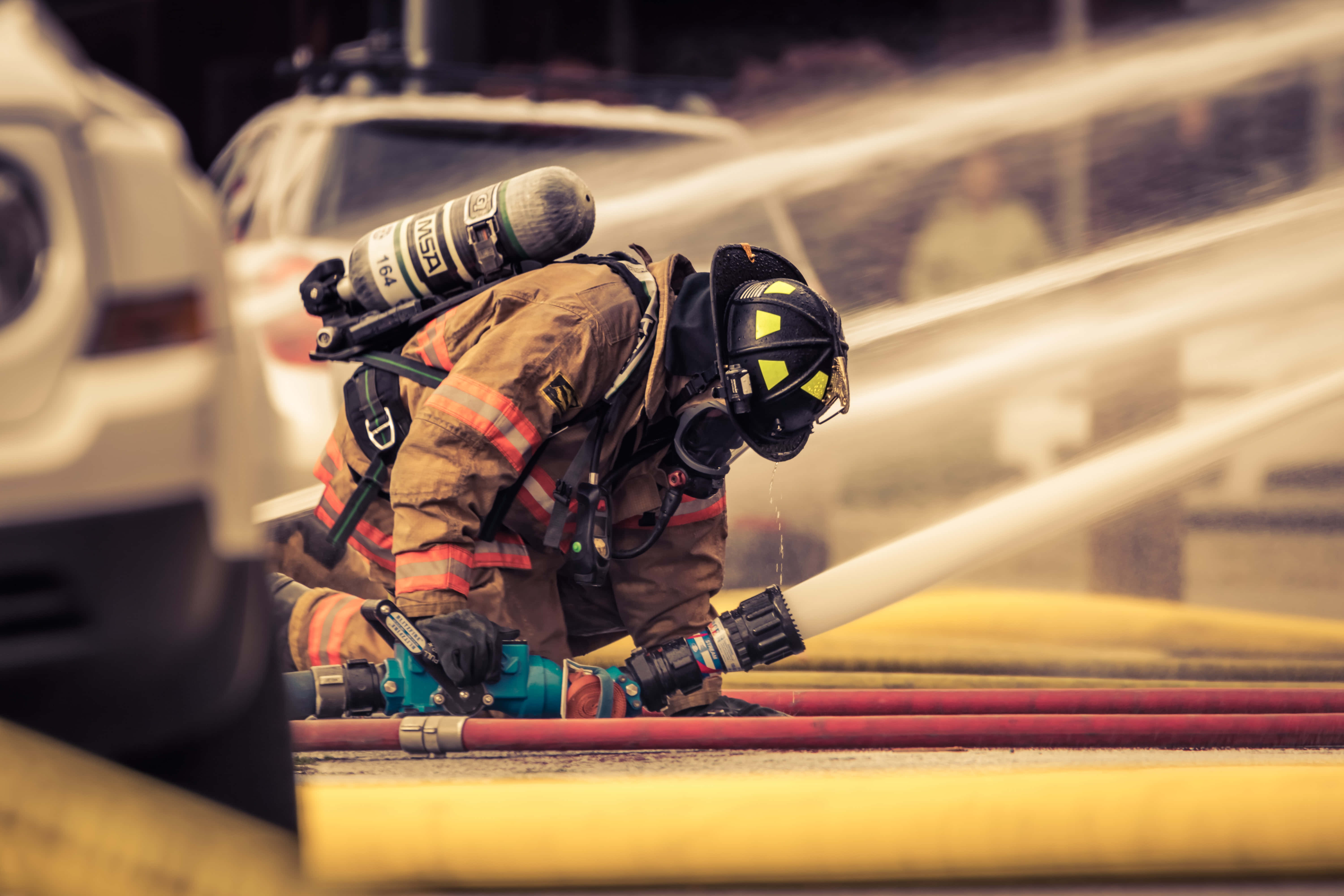 firefighter, full gear, hose nozzle, 5K Desktop Wallpaper