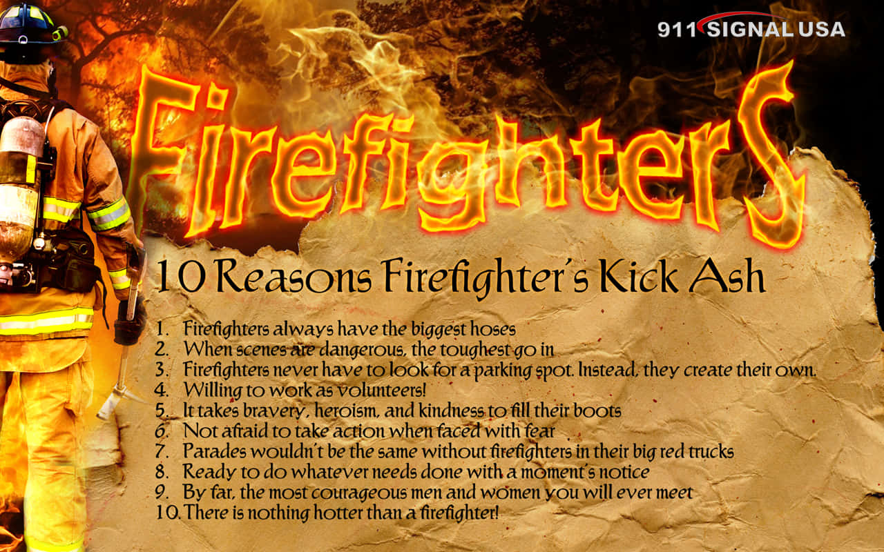 Fire Department, firefighter in full gear, fiery text proclaiming 'Firefighters', HD Desktop Wallpaper