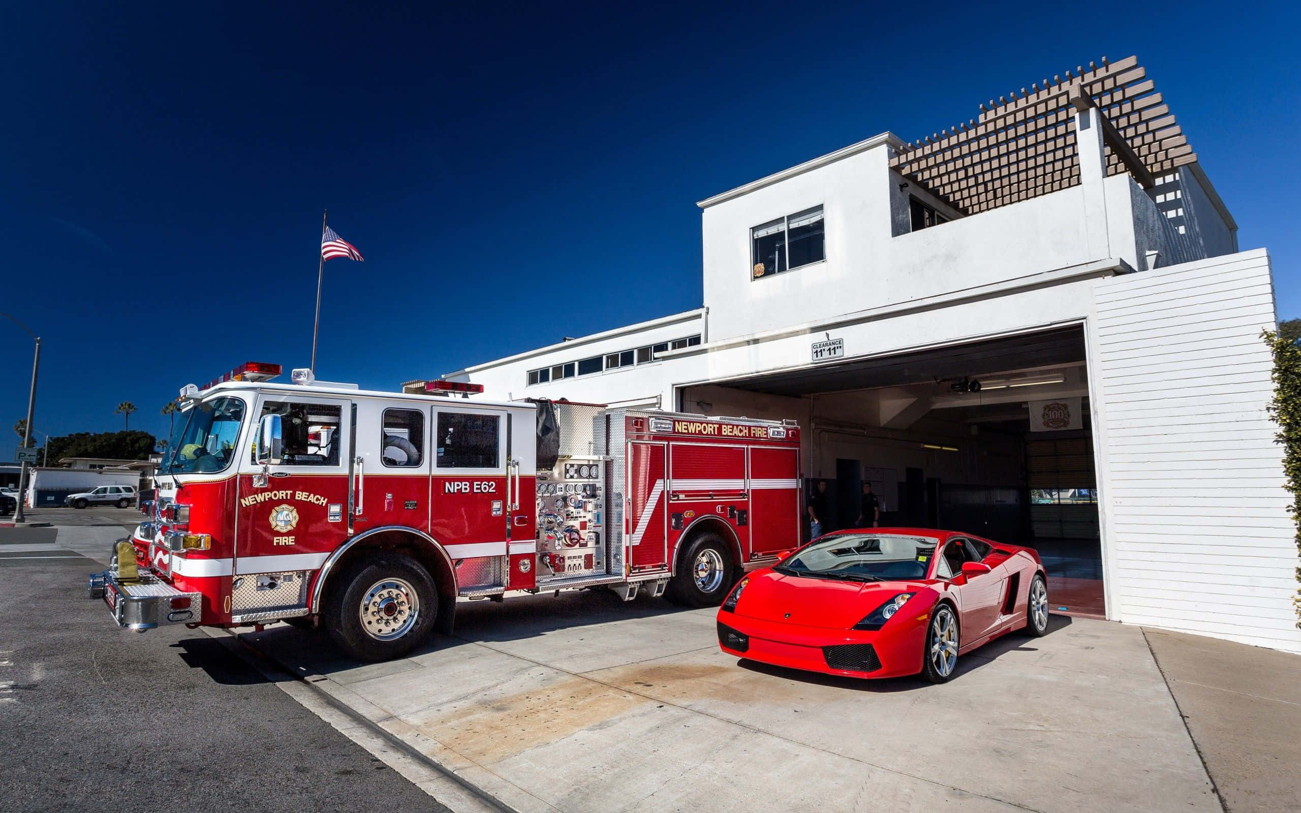 fire truck, red sports car, modern white fire station, 2K Desktop Wallpaper
