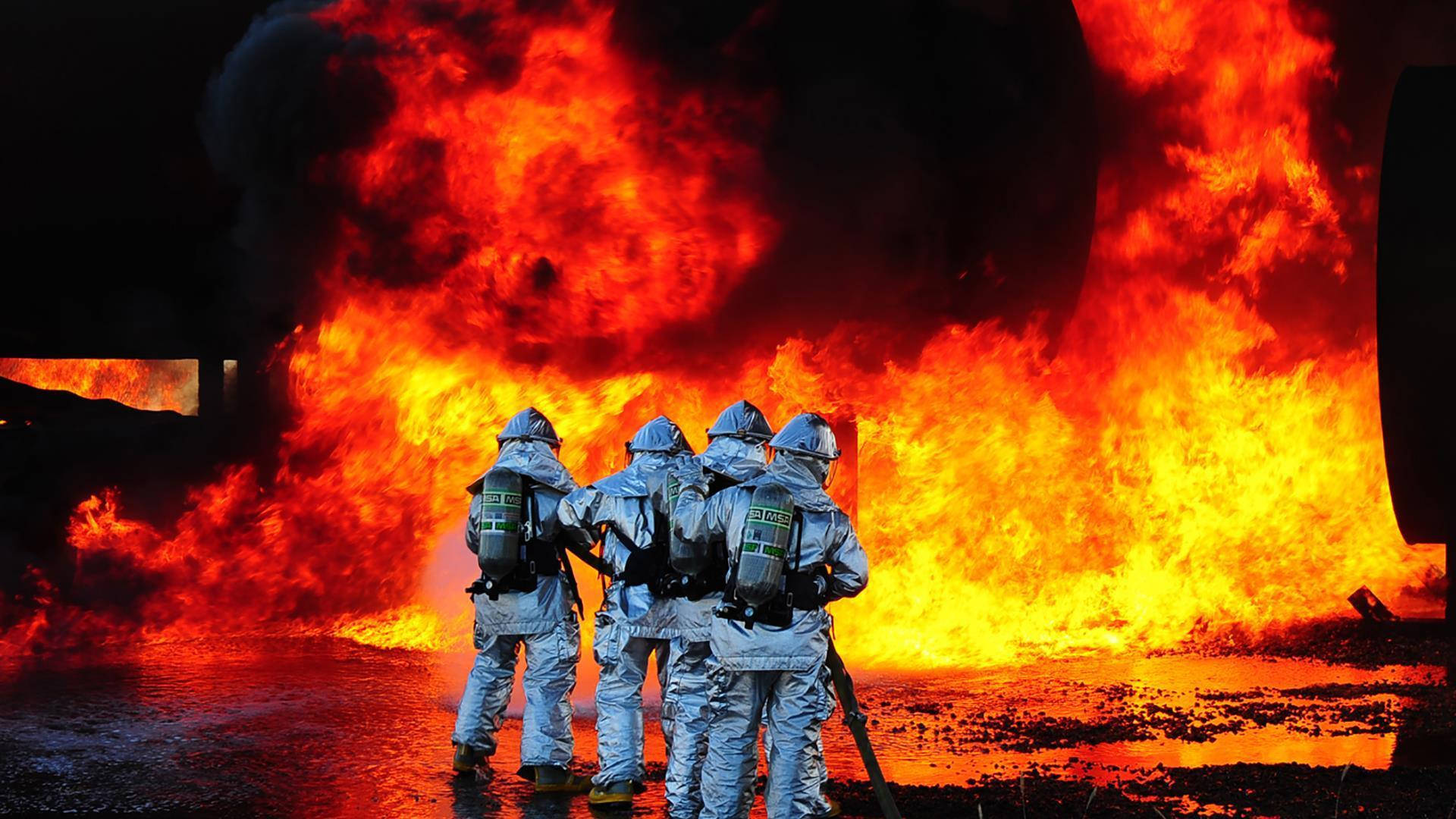 firefighters, silvery suit, full gear, Full HD Desktop Wallpaper