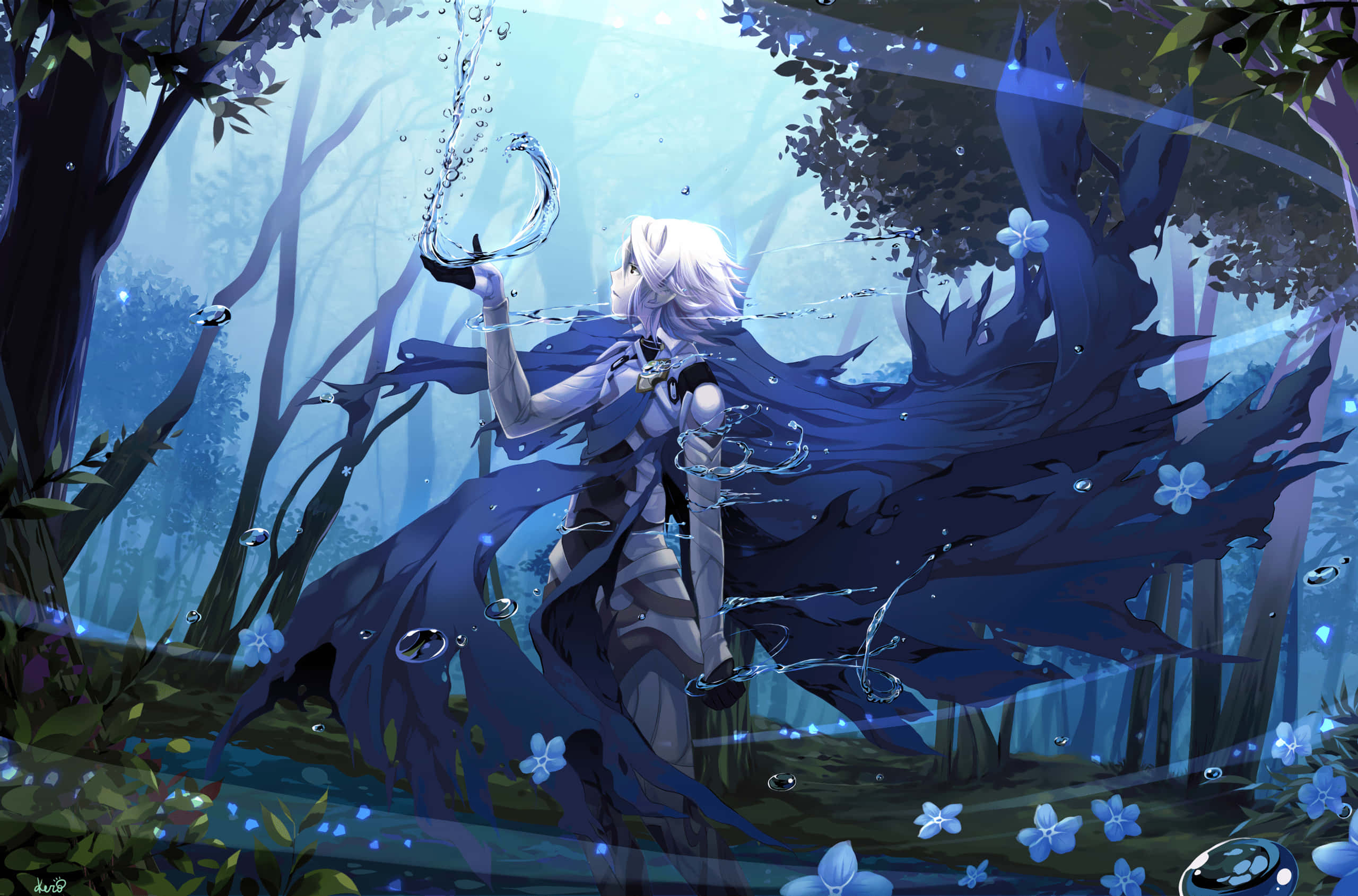 Fire Emblem Fates, white-haired anime figure, flowing blue cloak, 2K Desktop Wallpaper