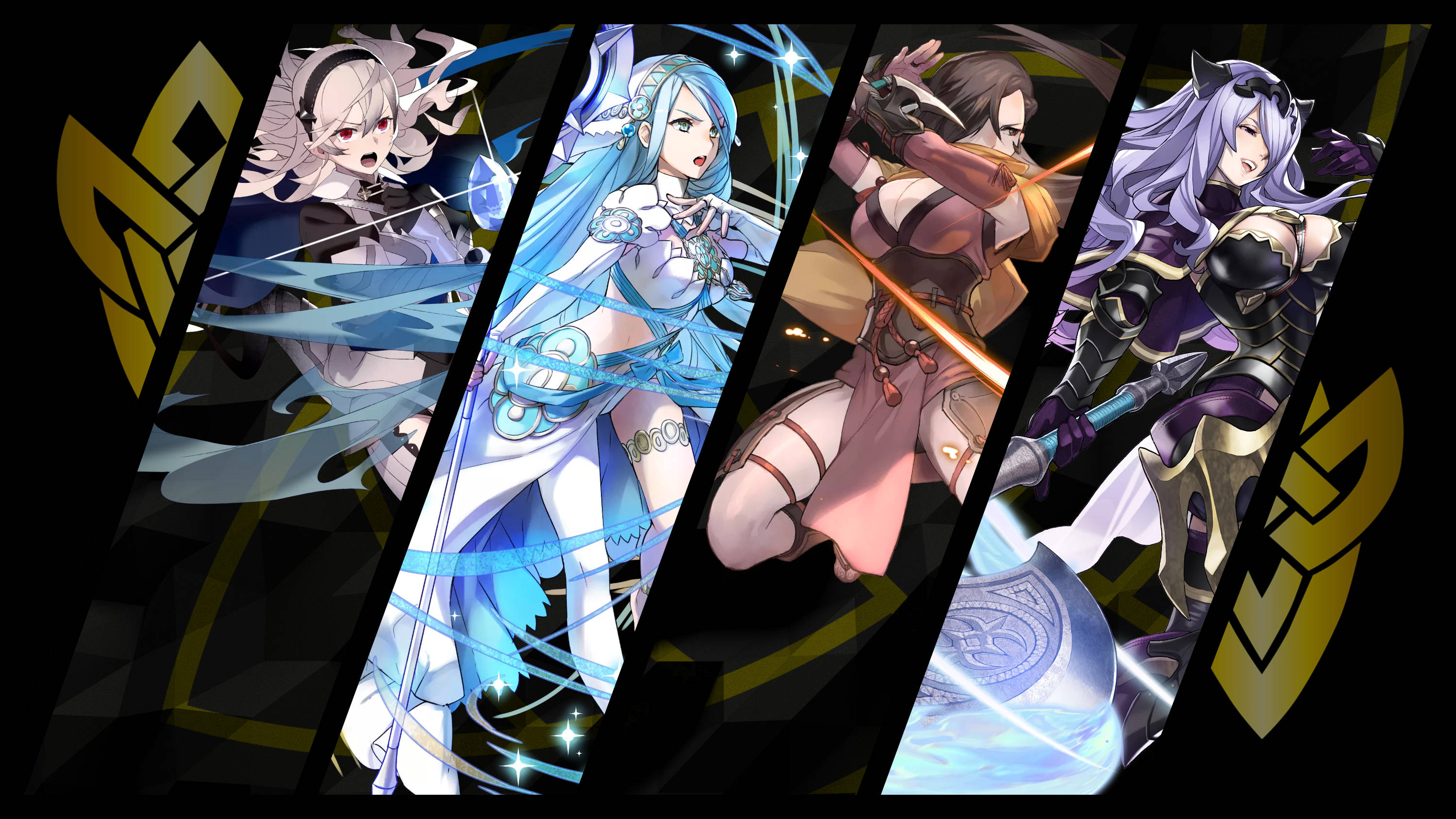 Fire Emblem, anime-style female warriors, glowing weapons, 2K Desktop Wallpaper