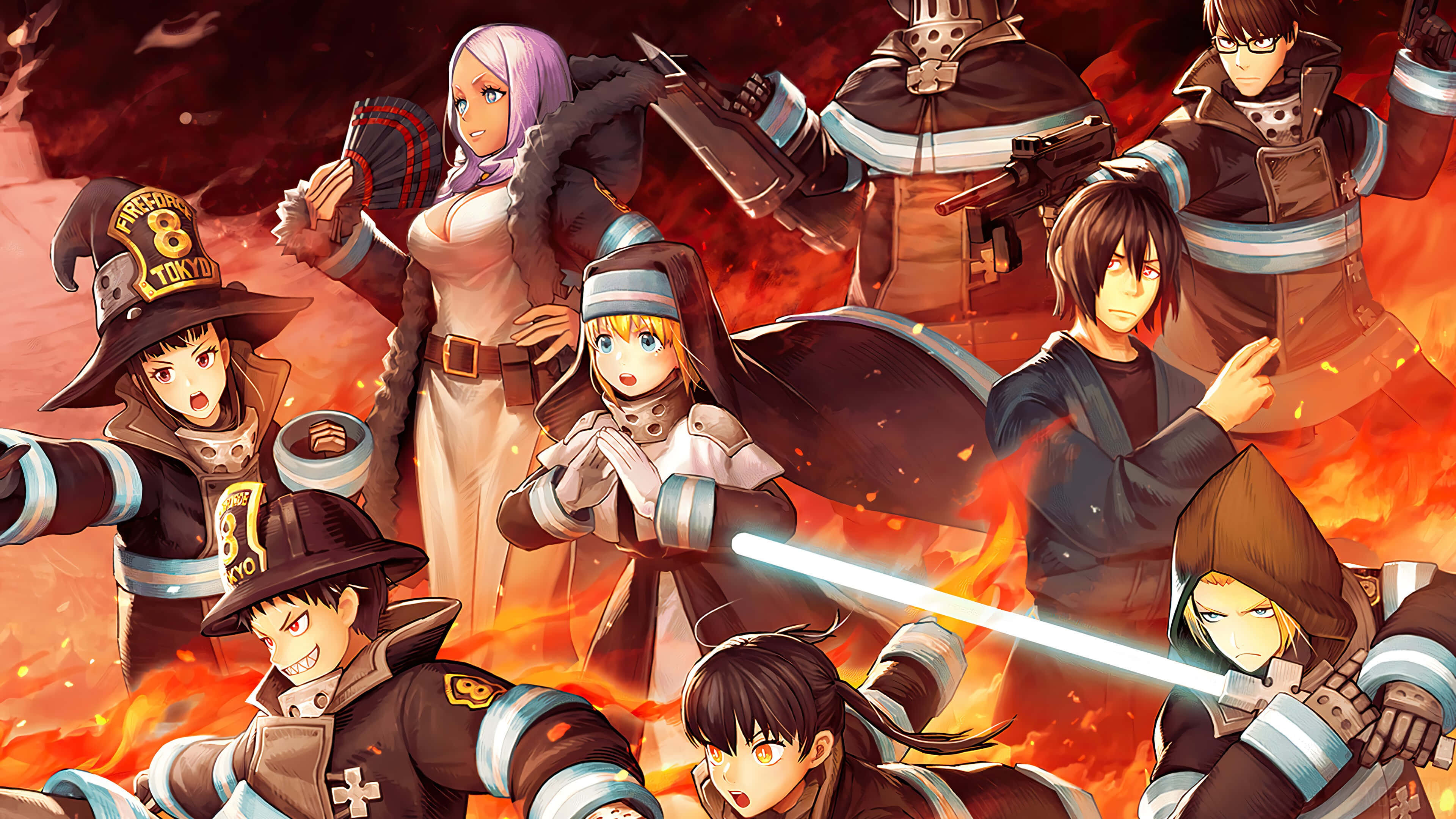 Fire Force, firefighters, fiery backdrop, 4K Desktop Wallpaper