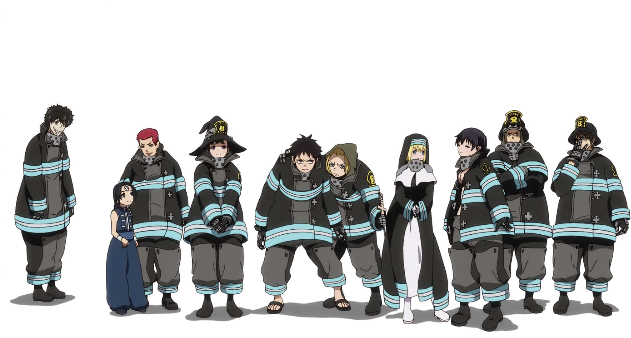 Fire Force Team 8, anime firefighters, black uniforms, Full HD Desktop Wallpaper