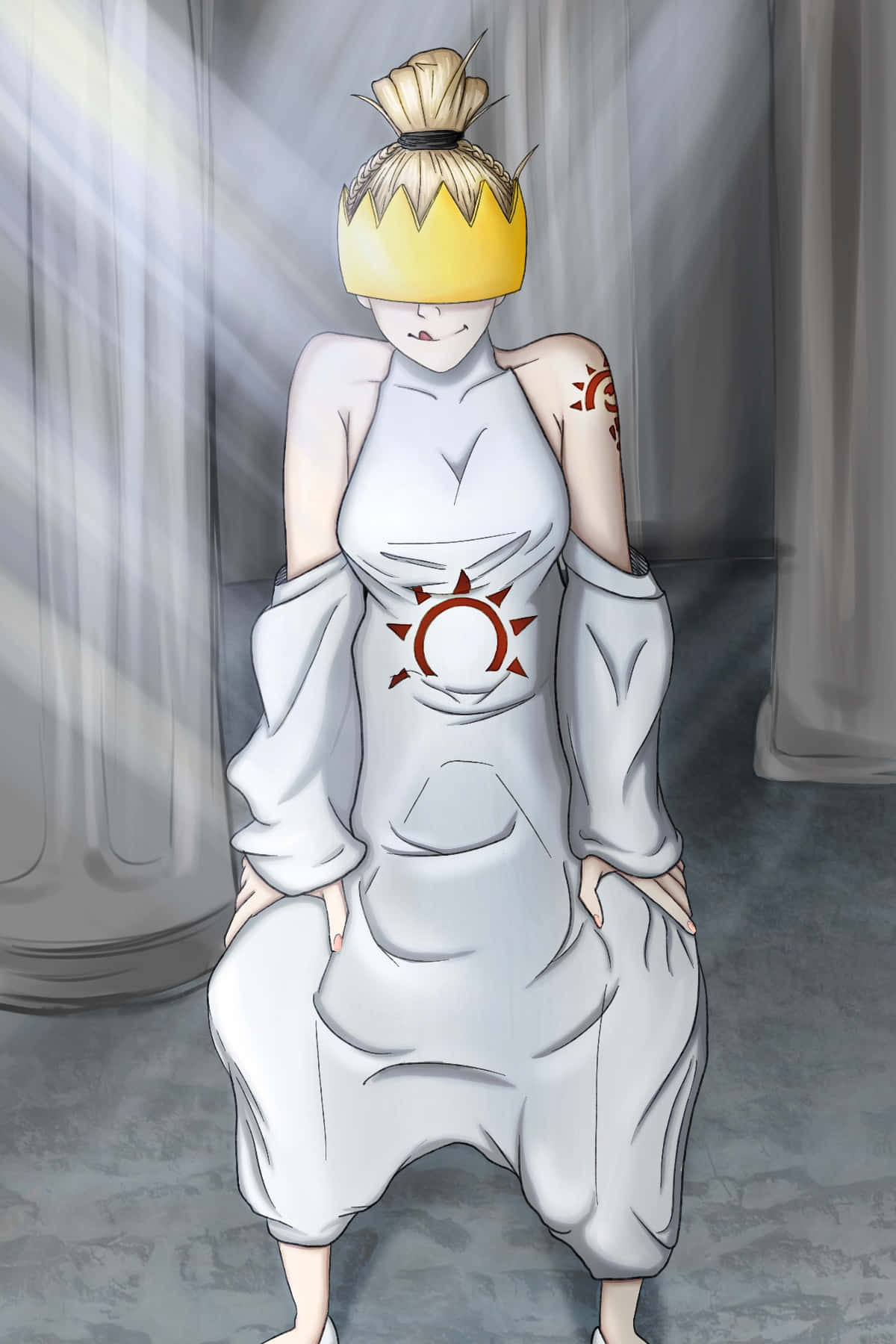 Fire Force Haumea, blindfolded anime figure, white robe, HD Phone Wallpaper