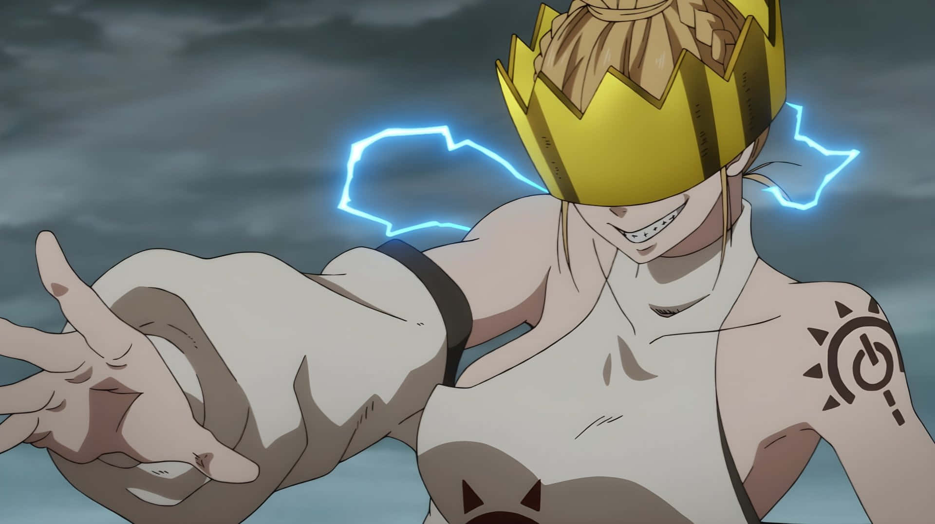 Fire Force Haumea, golden crown, lightning crackling, Full HD Desktop Wallpaper