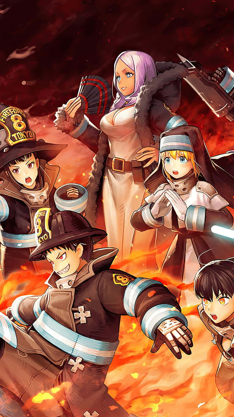 Fire Force Team 8, anime firefighters, detailed uniforms, HD Phone Wallpaper