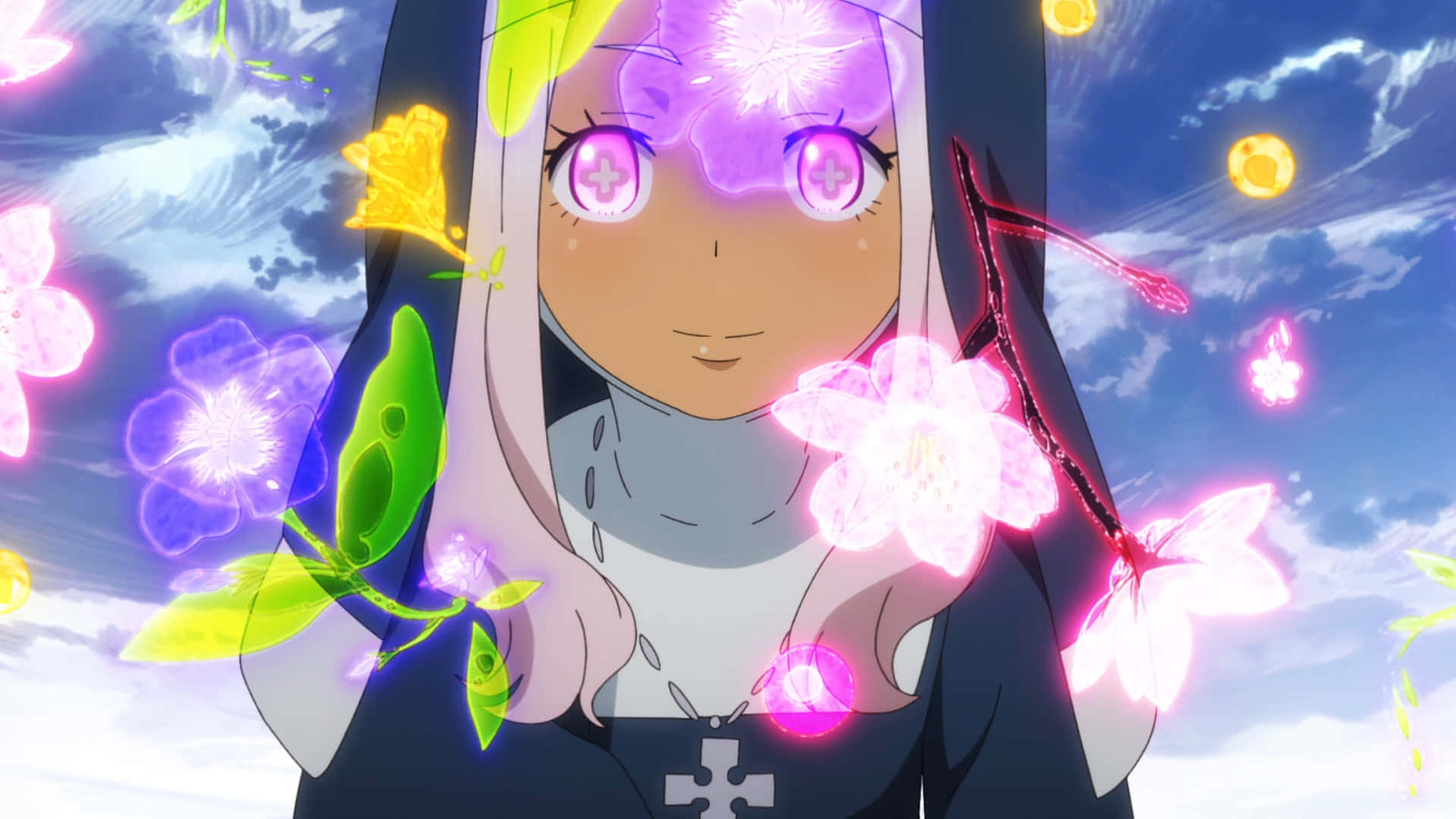 Fire Force Hibana, glowing pink eyes, radiant flowers, Full HD Desktop Wallpaper