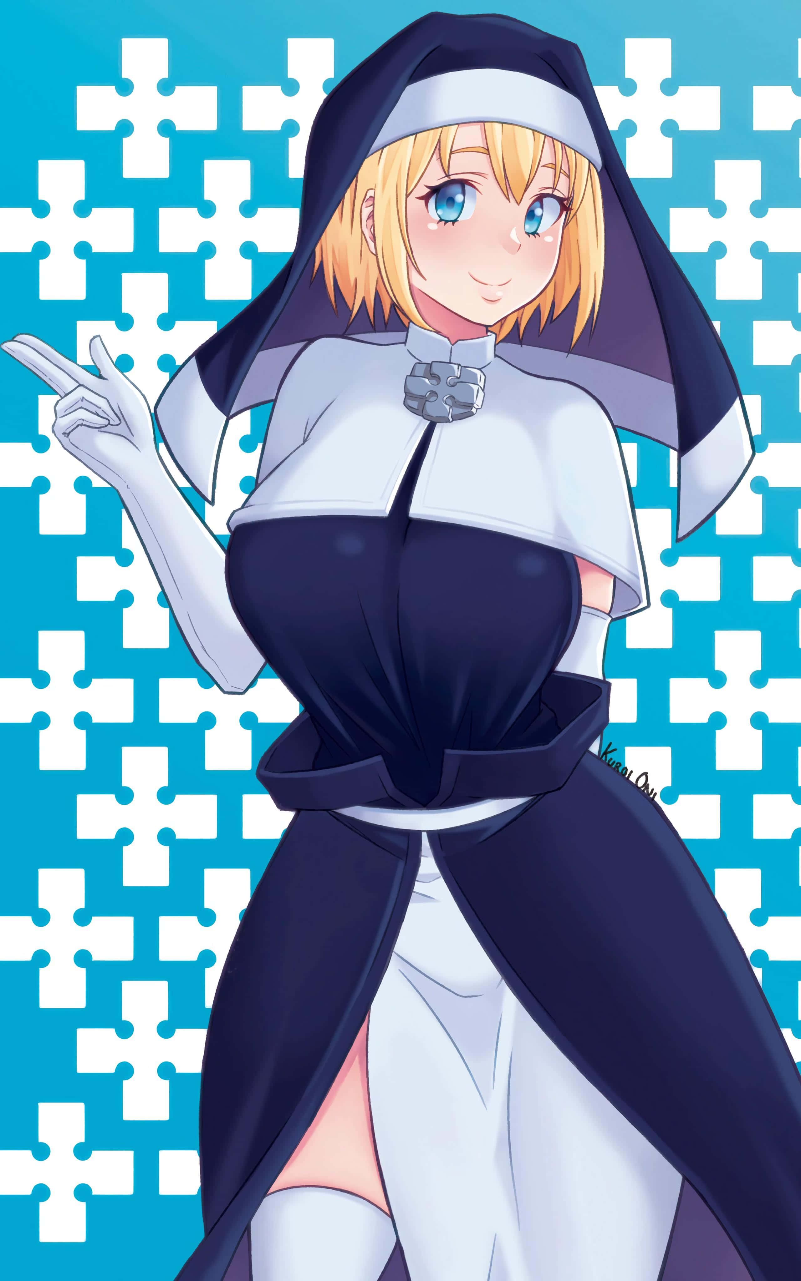 Fire Force Iris, anime-style blonde girl, black and white nun outfit, 4K Phone Wallpaper