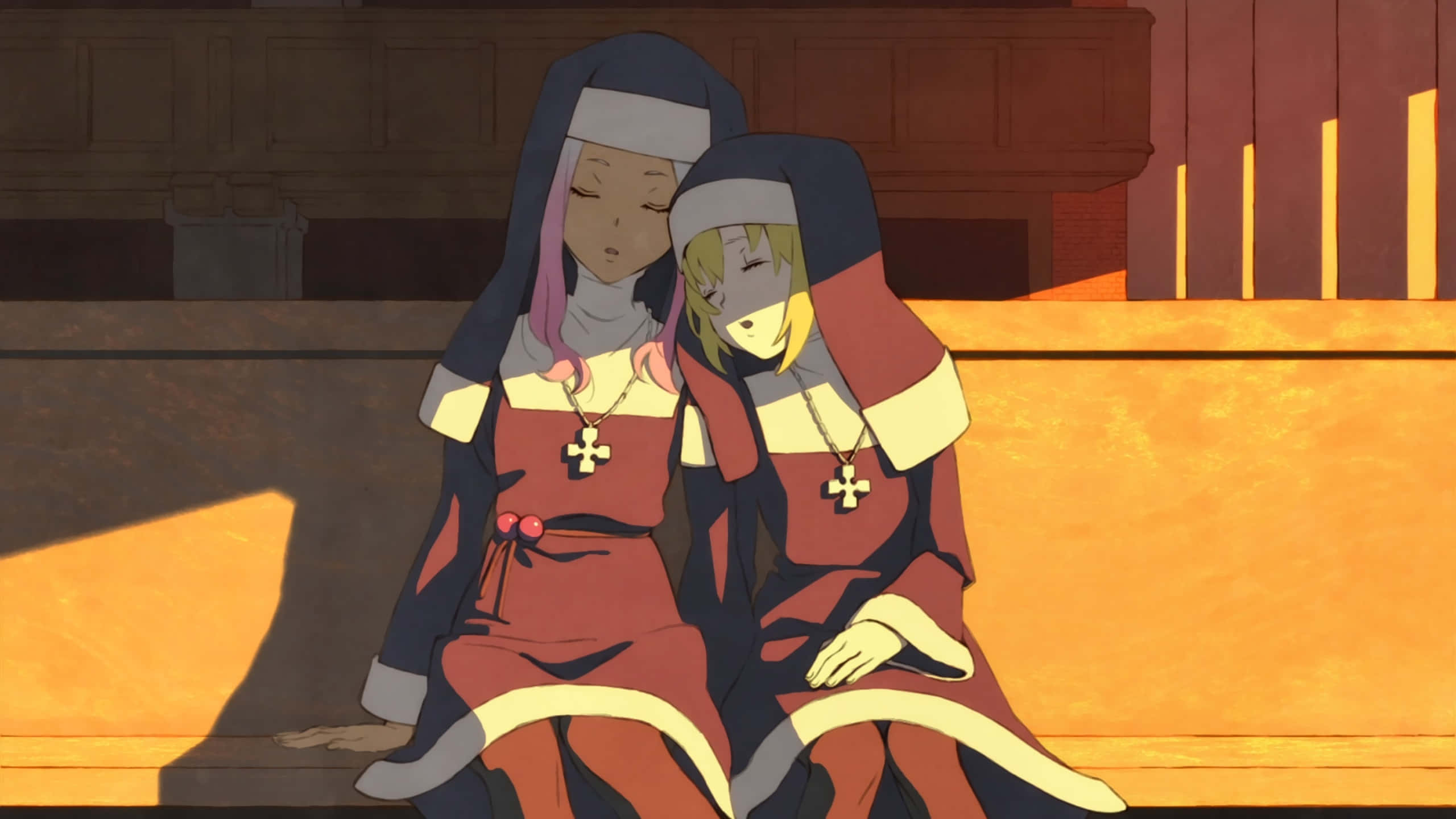 Fire Force, nuns, red and blue habits, 2K Desktop Wallpaper