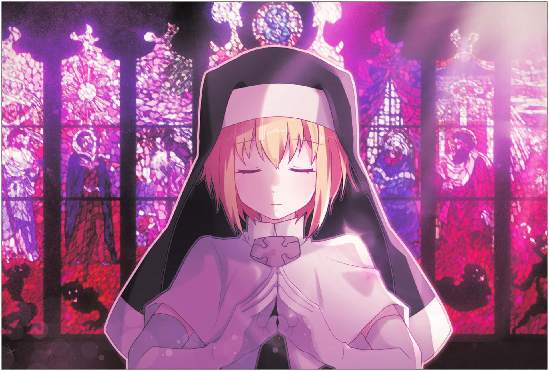 Fire Force Iris, praying, glowing purple stained glass windows, Full HD Desktop Wallpaper