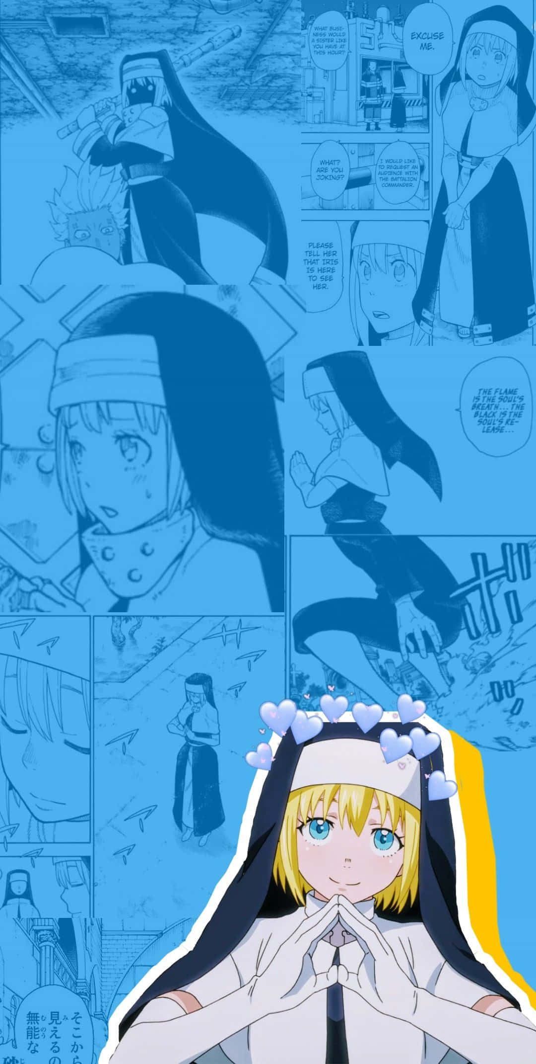 Fire Force Iris, manga panel background, blonde hair, Full HD Phone Wallpaper