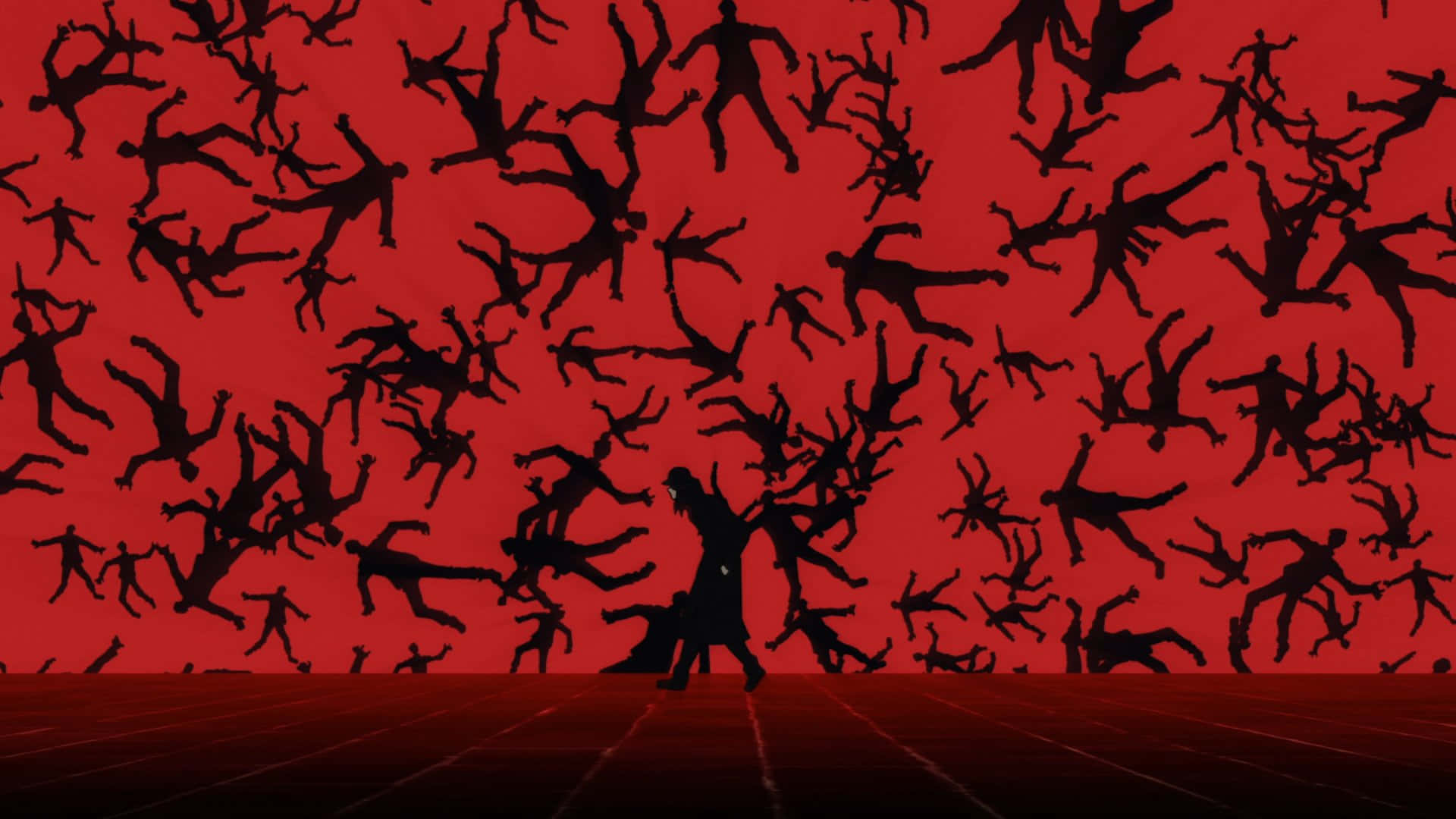 Fire Force Joker, crimson wall, falling black human silhouettes, Full HD Desktop Wallpaper