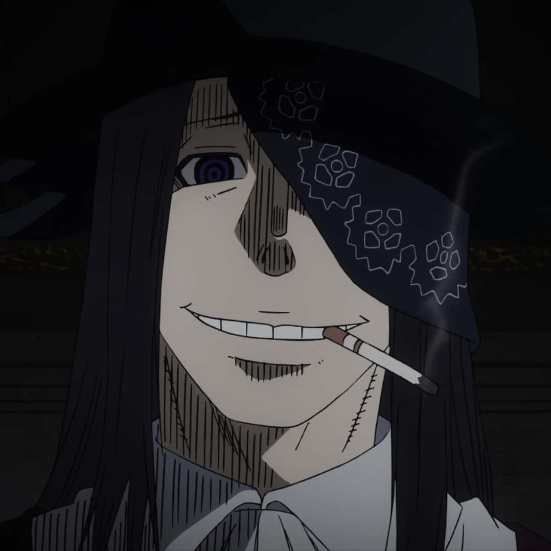 Fire Force Joker, gear-patterned eye patch, long black hair, SD Desktop Wallpaper