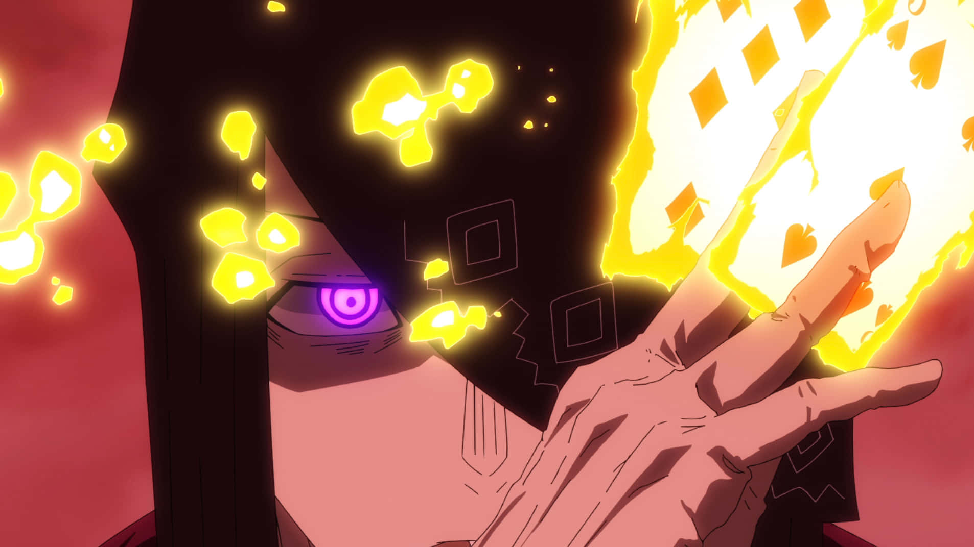 Fire Force Joker, glowing purple eye, fiery playing cards, HD Desktop Wallpaper