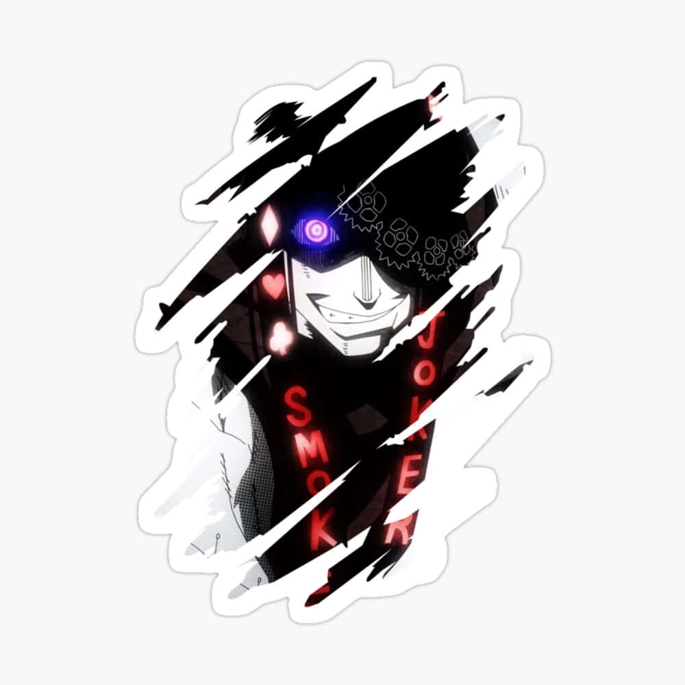 Fire Force Joker, glowing purple eye, red text, SD Desktop Wallpaper