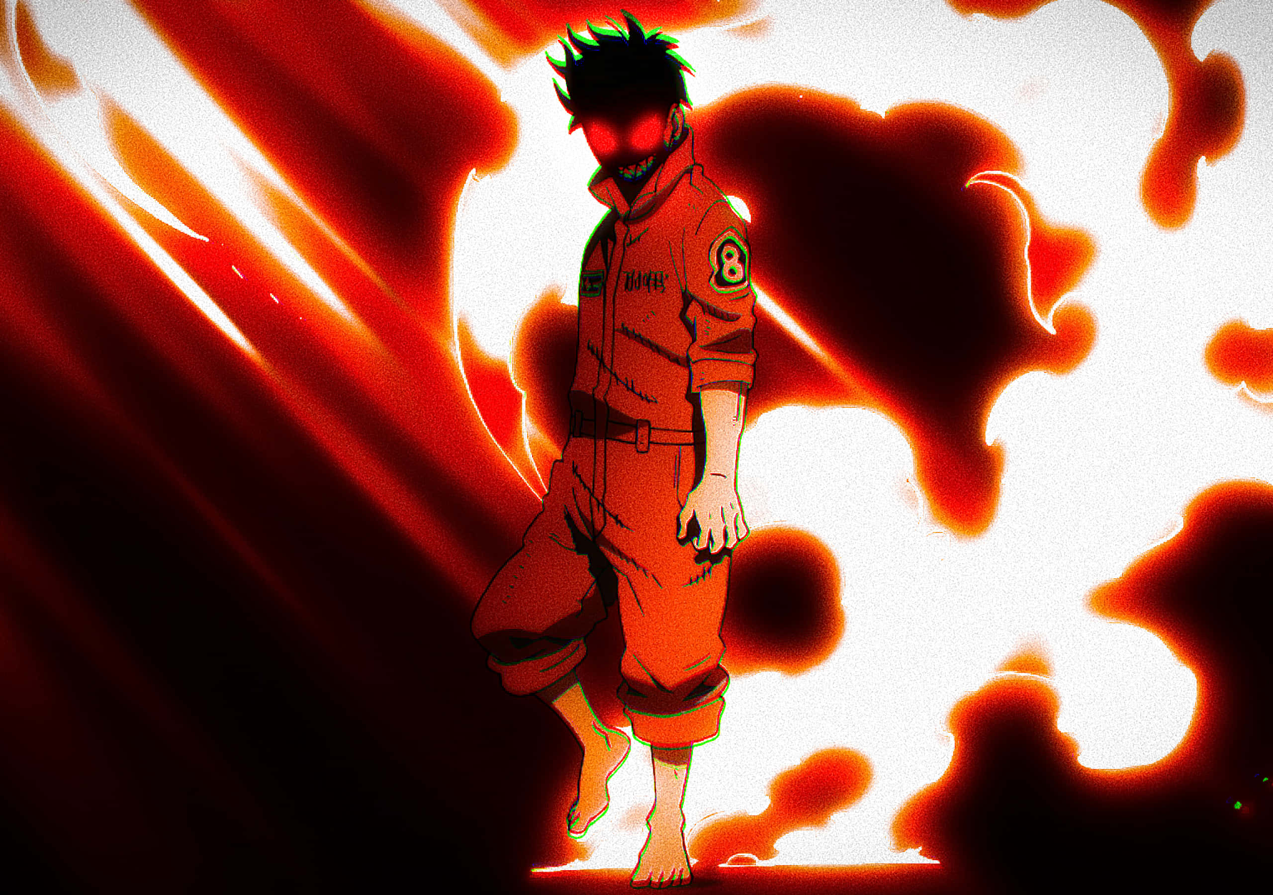 Fire Force Joker, orange jumpsuit, fiery red and white energy bursts, 2K Desktop Wallpaper