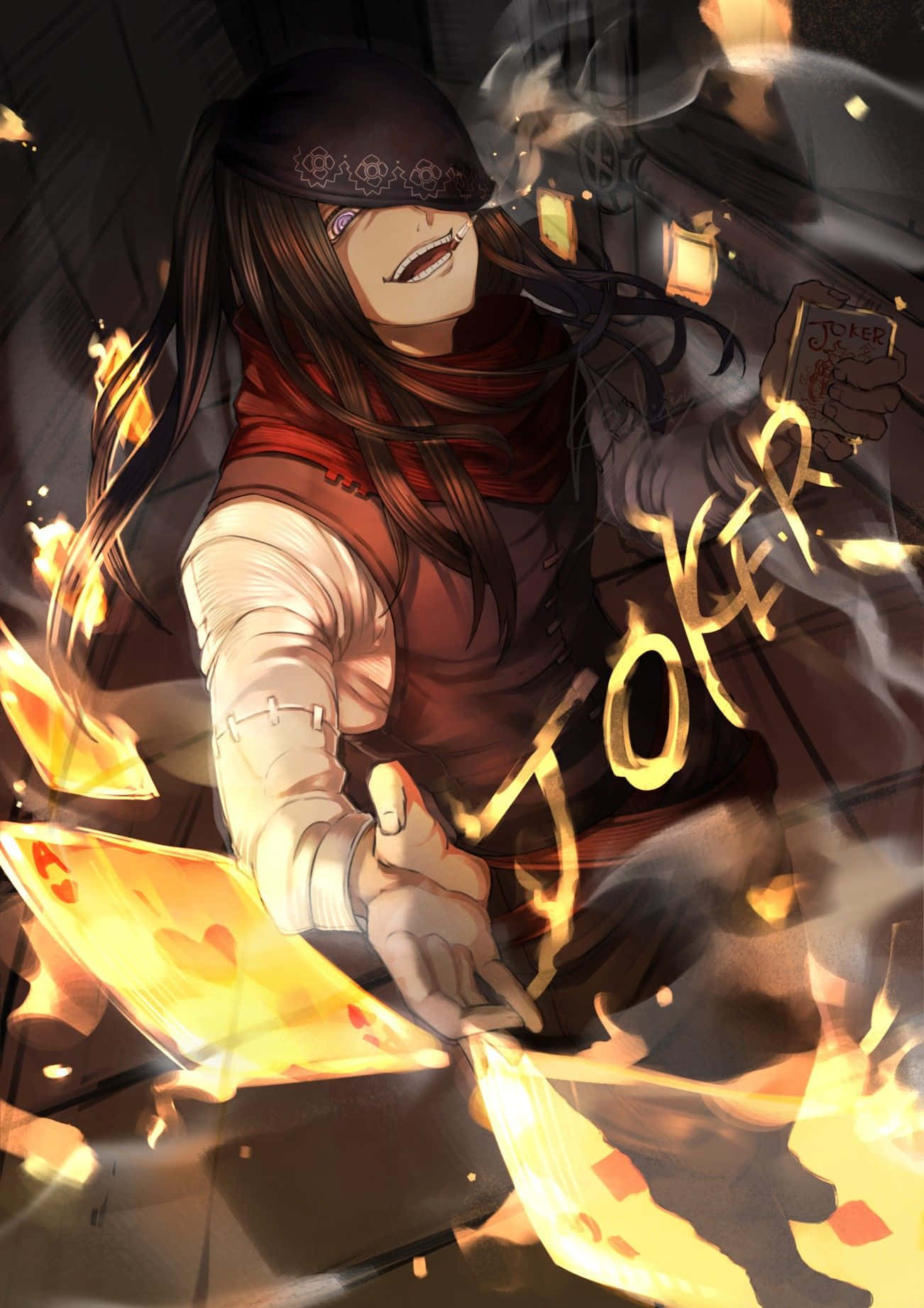 Fire Force Joker, anime joker character, flaming playing cards, HD Phone Wallpaper