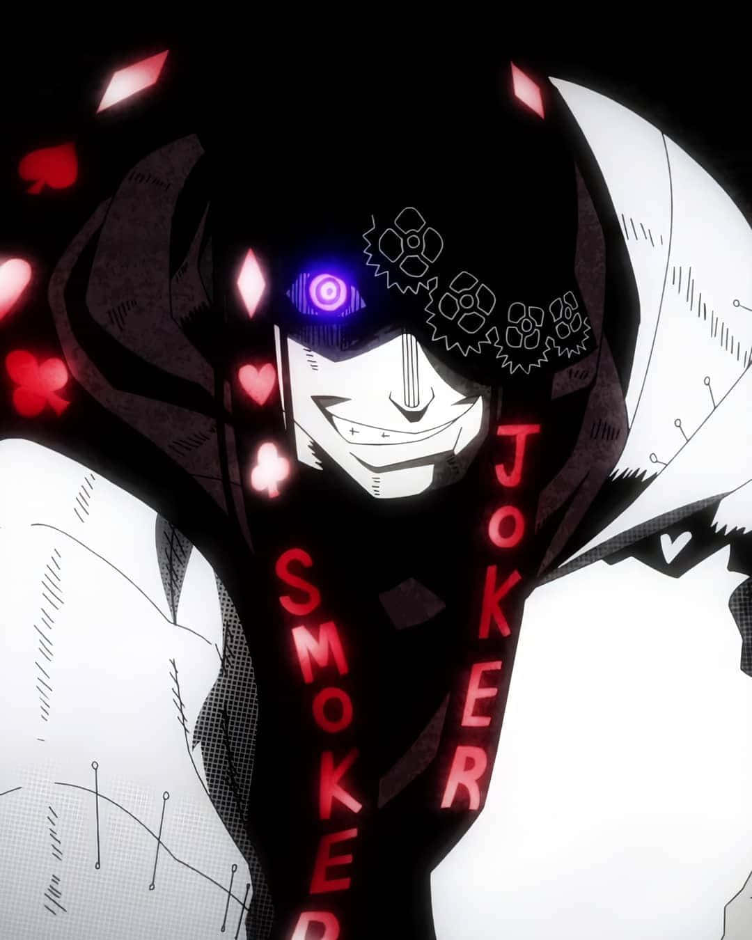 Fire Force Joker, glowing purple eye, red playing card symbols, HD Phone Wallpaper