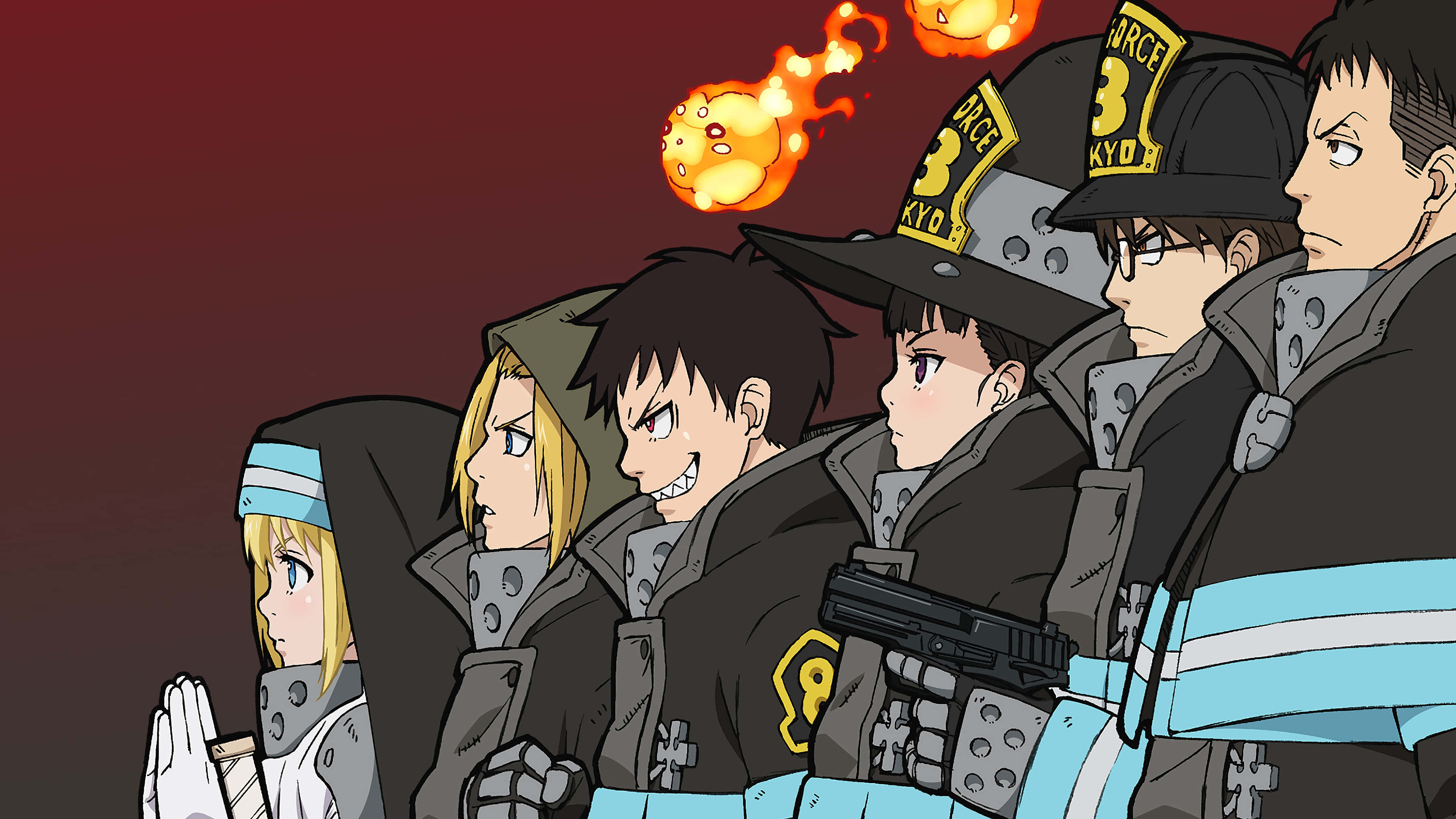 Fire Force, anime firefighters, dark gear with blue stripes, 4K Desktop Wallpaper
