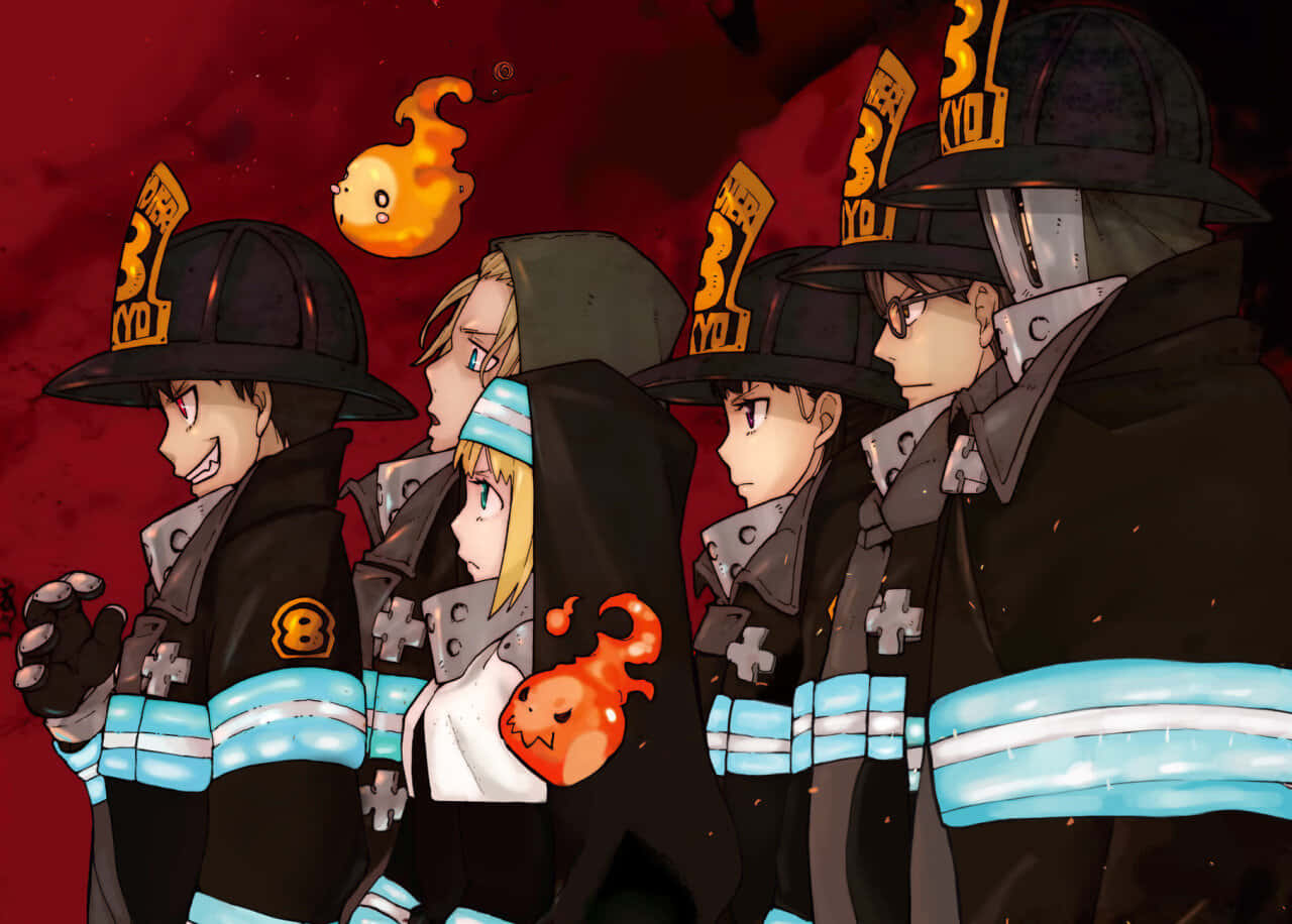 Fire Force Team 8, black uniforms with blue stripes, fiery red background, HD Desktop Wallpaper