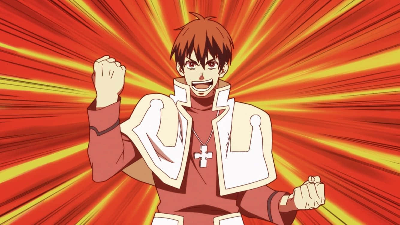 anime boy, red and white clerical attire, fiery orange and yellow radial burst background, HD Desktop Wallpaper