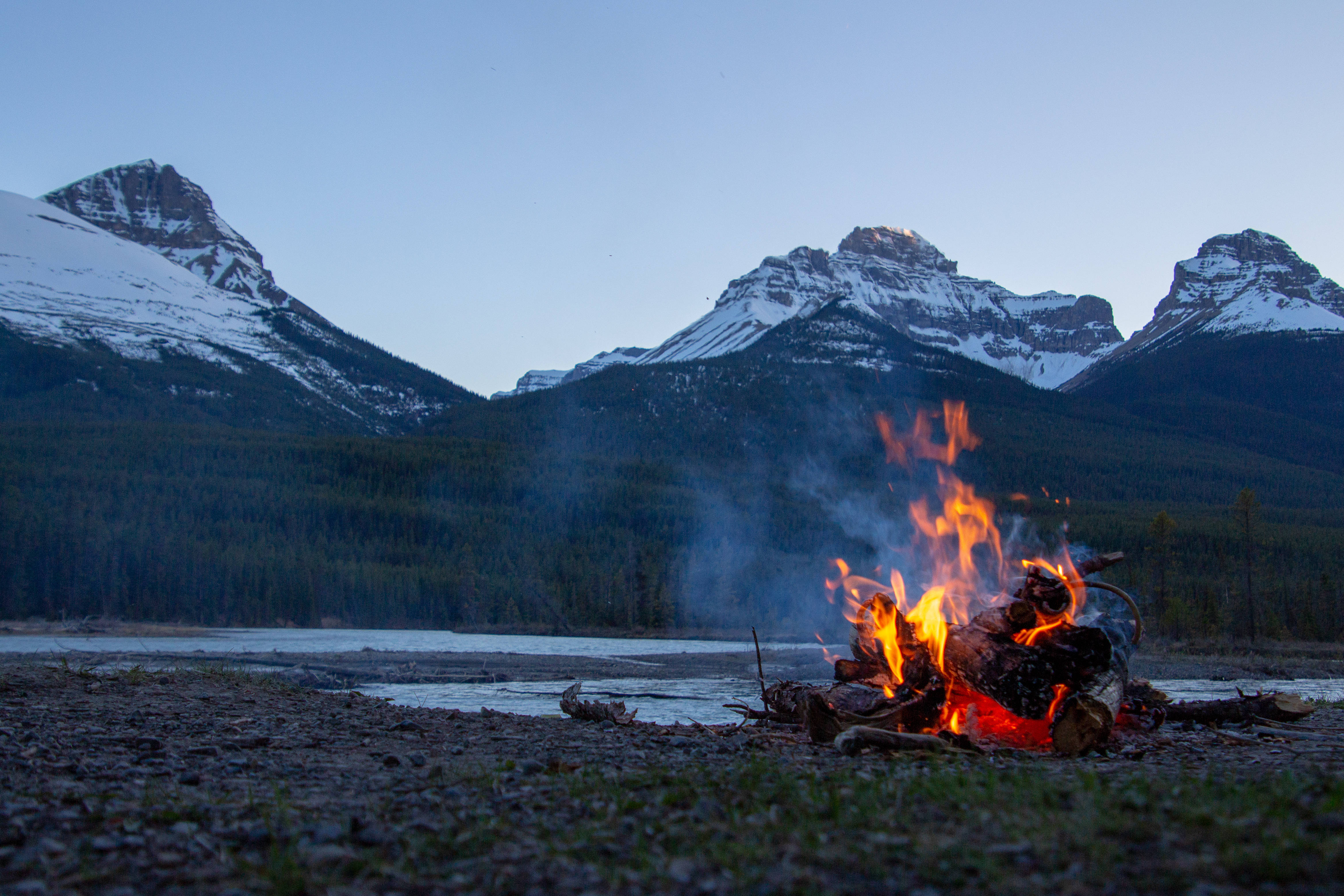 Fire Force, campfire, snow-capped mountains, 4K Desktop Wallpaper