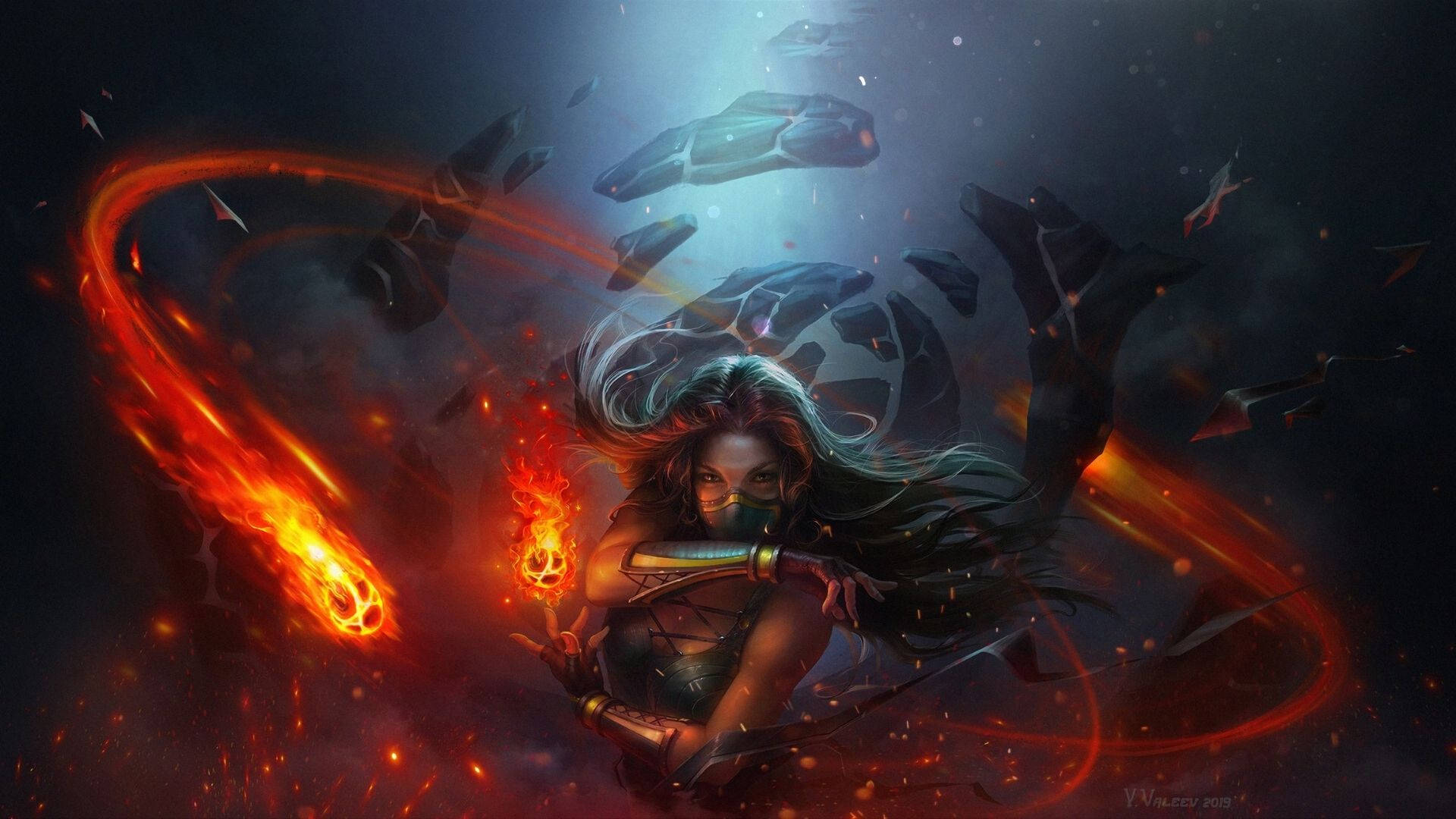 Fire Girl, fiery energy, floating debris, Full HD Desktop Wallpaper