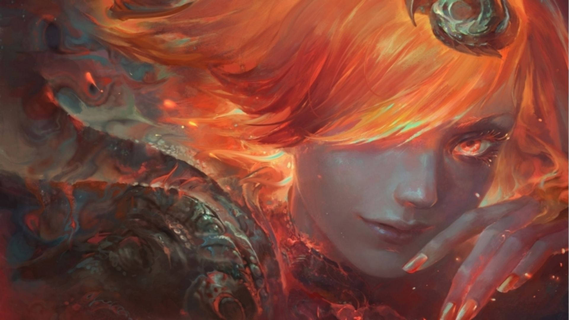 Fire Girl, fiery-haired, glowing eyes, Full HD Desktop Wallpaper